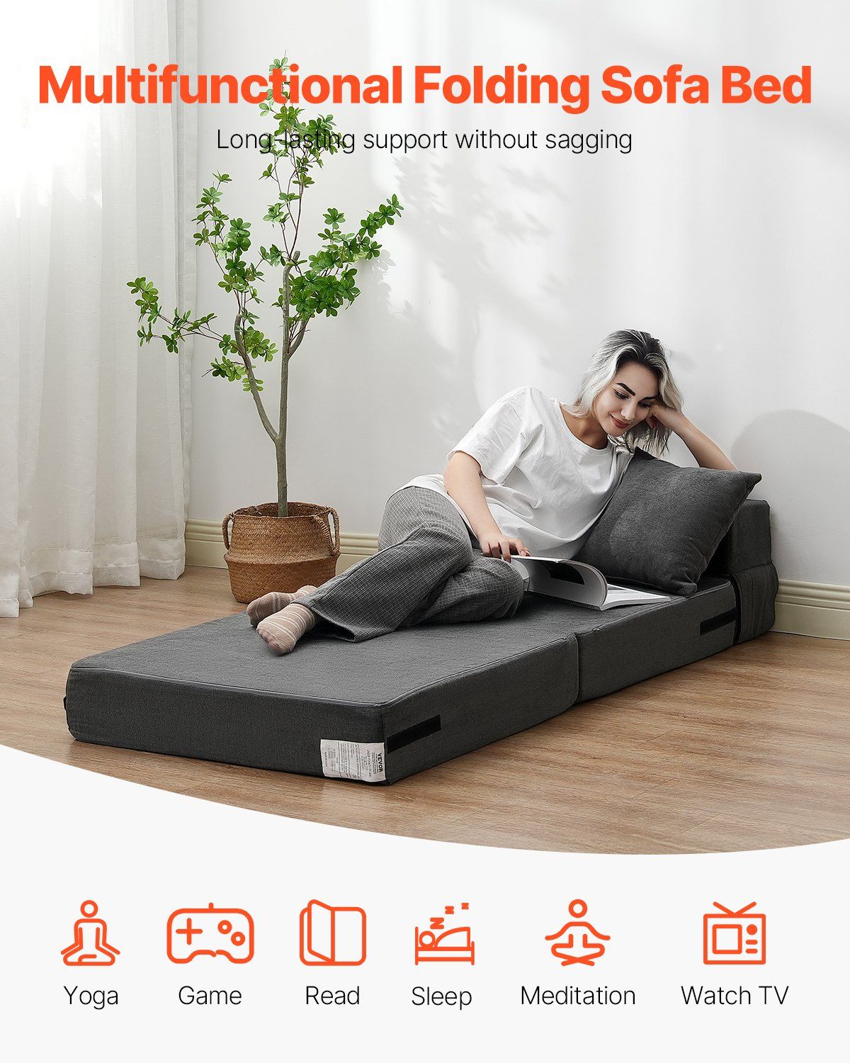 Folding Sofa Bed, 3-in-1 Foldable Couch Bed with 2 Pillows and Washable Cover, 25D High Density Memory Foam Convertible Sleeper Chair Bed, Futon Couch for Living Room, Bedroom, Dark Grey(Single) - Image 2
