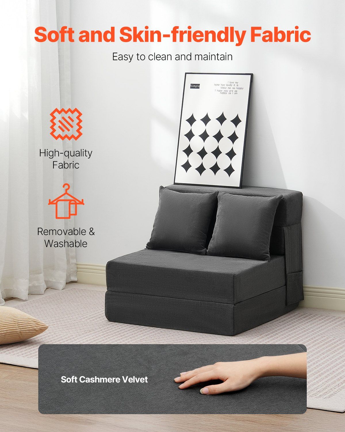 Folding Sofa Bed, 3-in-1 Foldable Couch Bed with 2 Pillows and Washable Cover, 25D High Density Memory Foam Convertible Sleeper Chair Bed, Futon Couch for Living Room, Bedroom, Dark Grey(Single) - Image 3
