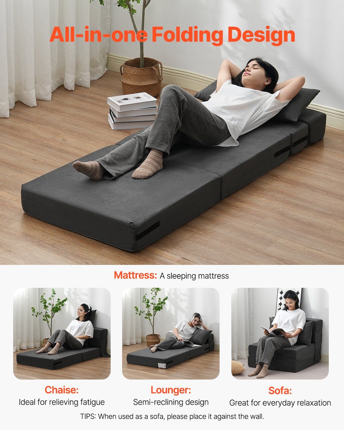Folding Sofa Bed, 3-in-1 Foldable Couch Bed with 2 Pillows and Washable Cover, 25D High Density Memory Foam Convertible Sleeper Chair Bed, Futon Couch for Living Room, Bedroom, Dark Grey(Single) - Image 5