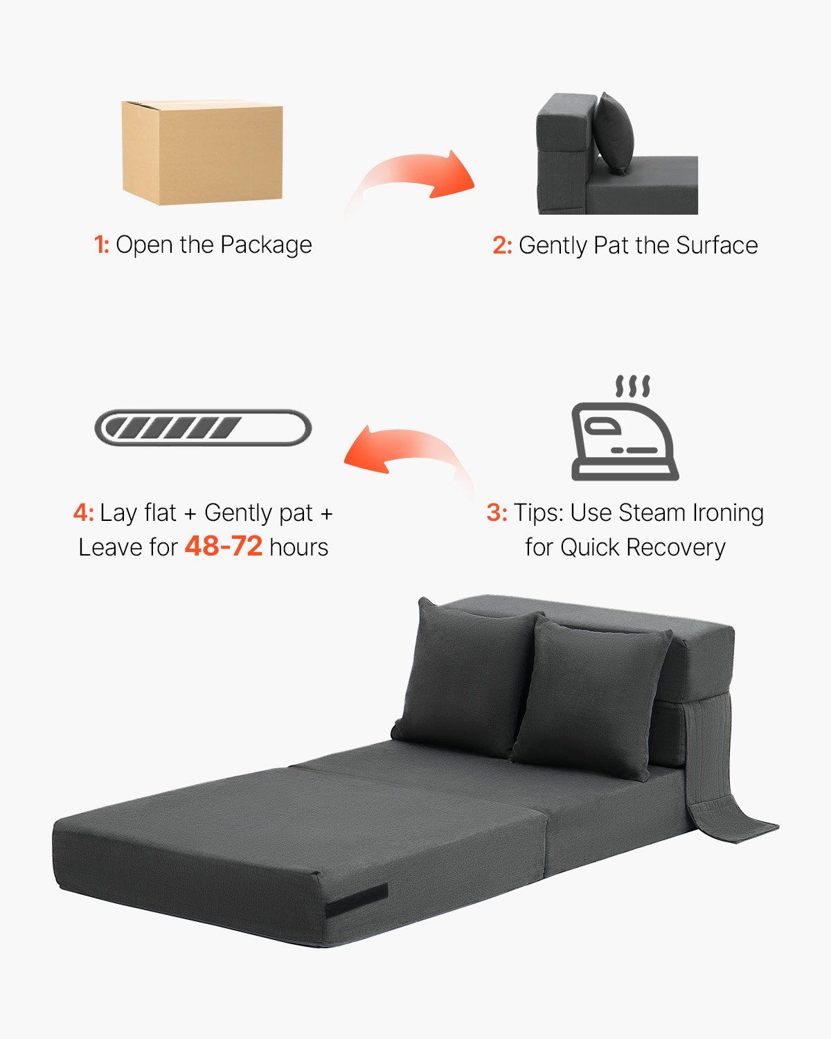 Folding Sofa Bed, 3-in-1 Foldable Couch Bed with 2 Pillows and Washable Cover, 25D High Density Memory Foam Convertible Sleeper Chair Bed, Futon Couch for Living Room, Bedroom, Dark Grey(Single) - Image 6