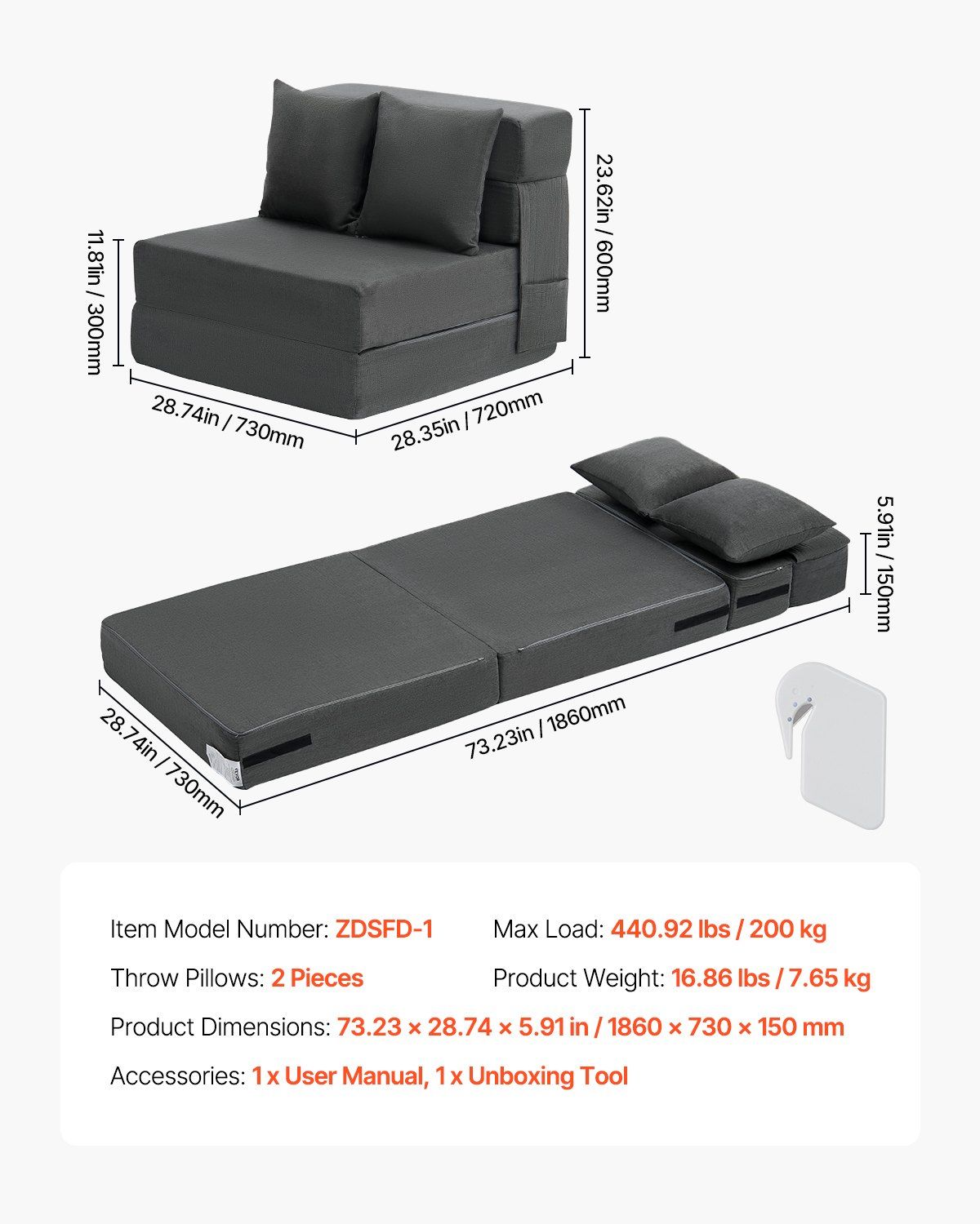 Folding Sofa Bed, 3-in-1 Foldable Couch Bed with 2 Pillows and Washable Cover, 25D High Density Memory Foam Convertible Sleeper Chair Bed, Futon Couch for Living Room, Bedroom, Dark Grey(Single) - Image 7