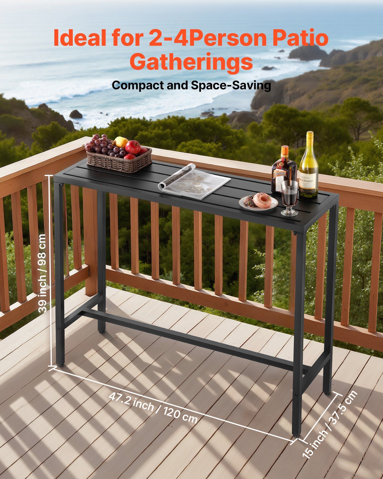 Outdoor Bar Table, 120 x 37.5 cm Patio Bar Table, Waterproof Top & Sturdy Metal Frame, Rectangle Counter Height Dining Tables, Outdoor Furniture for Balcony, Yard, Hot Tub, Poolside, Indoor - Image 2