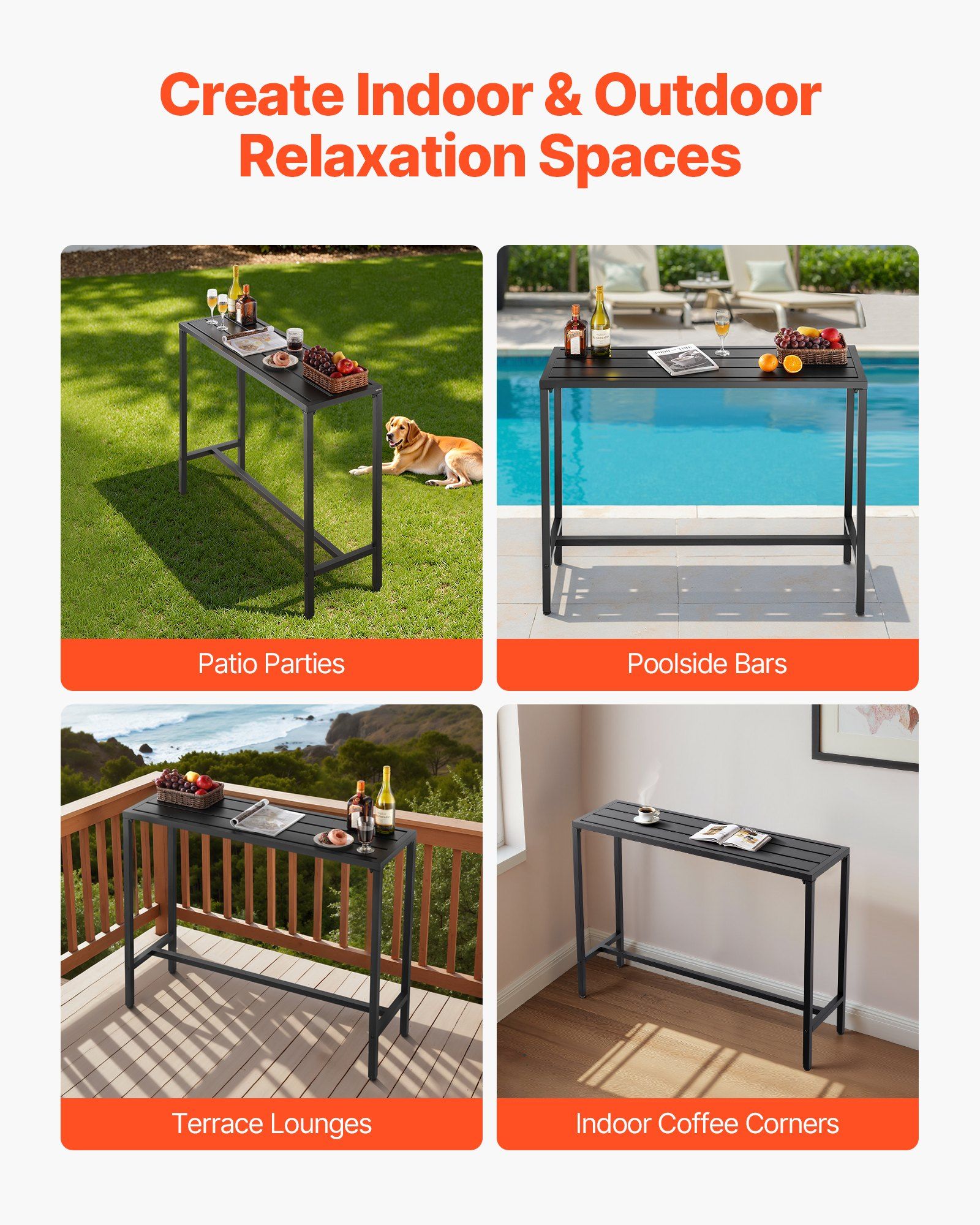 Outdoor Bar Table, 120 x 37.5 cm Patio Bar Table, Waterproof Top & Sturdy Metal Frame, Rectangle Counter Height Dining Tables, Outdoor Furniture for Balcony, Yard, Hot Tub, Poolside, Indoor - Image 6