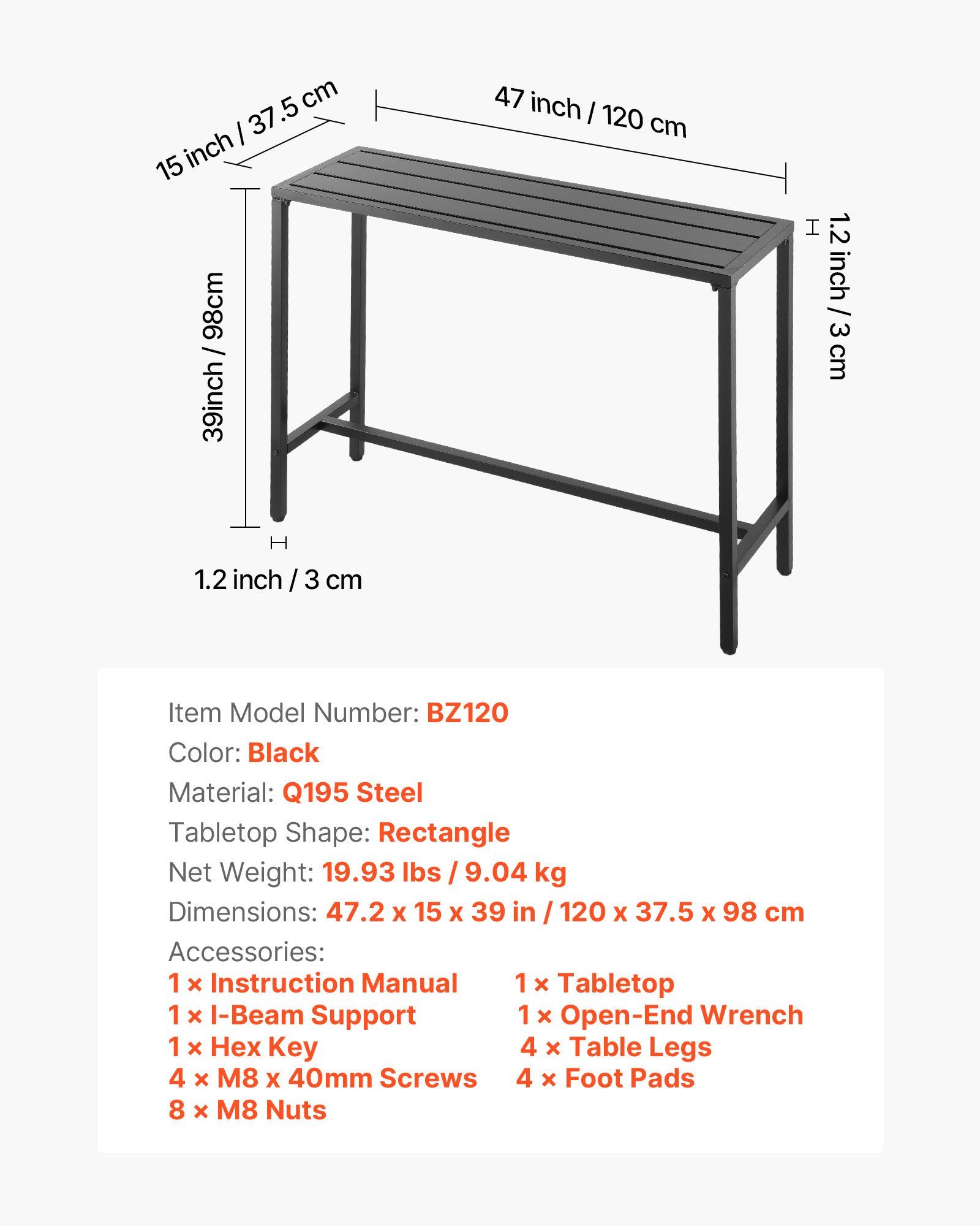 Outdoor Bar Table, 120 x 37.5 cm Patio Bar Table, Waterproof Top & Sturdy Metal Frame, Rectangle Counter Height Dining Tables, Outdoor Furniture for Balcony, Yard, Hot Tub, Poolside, Indoor - Image 7