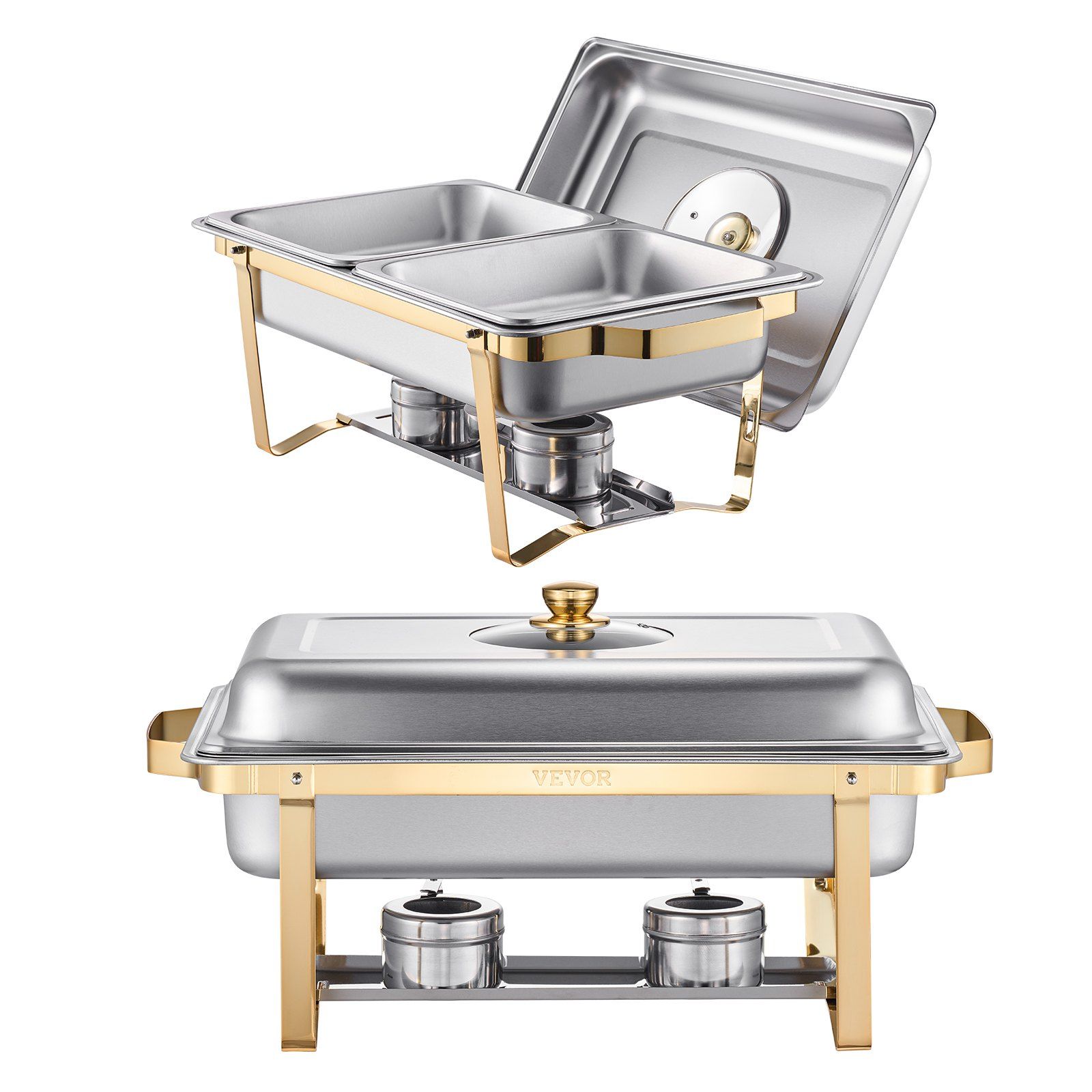 Chafing Dish Buffet Set, 4 Qt 2 Pack, Stainless Steel Chafer with 4 Half Size Pans, Rectangle Catering Warmer Server with Glass Lid Water Pan Folding Stand Fuel Holder, for Wedding Party Banquet - Image 1