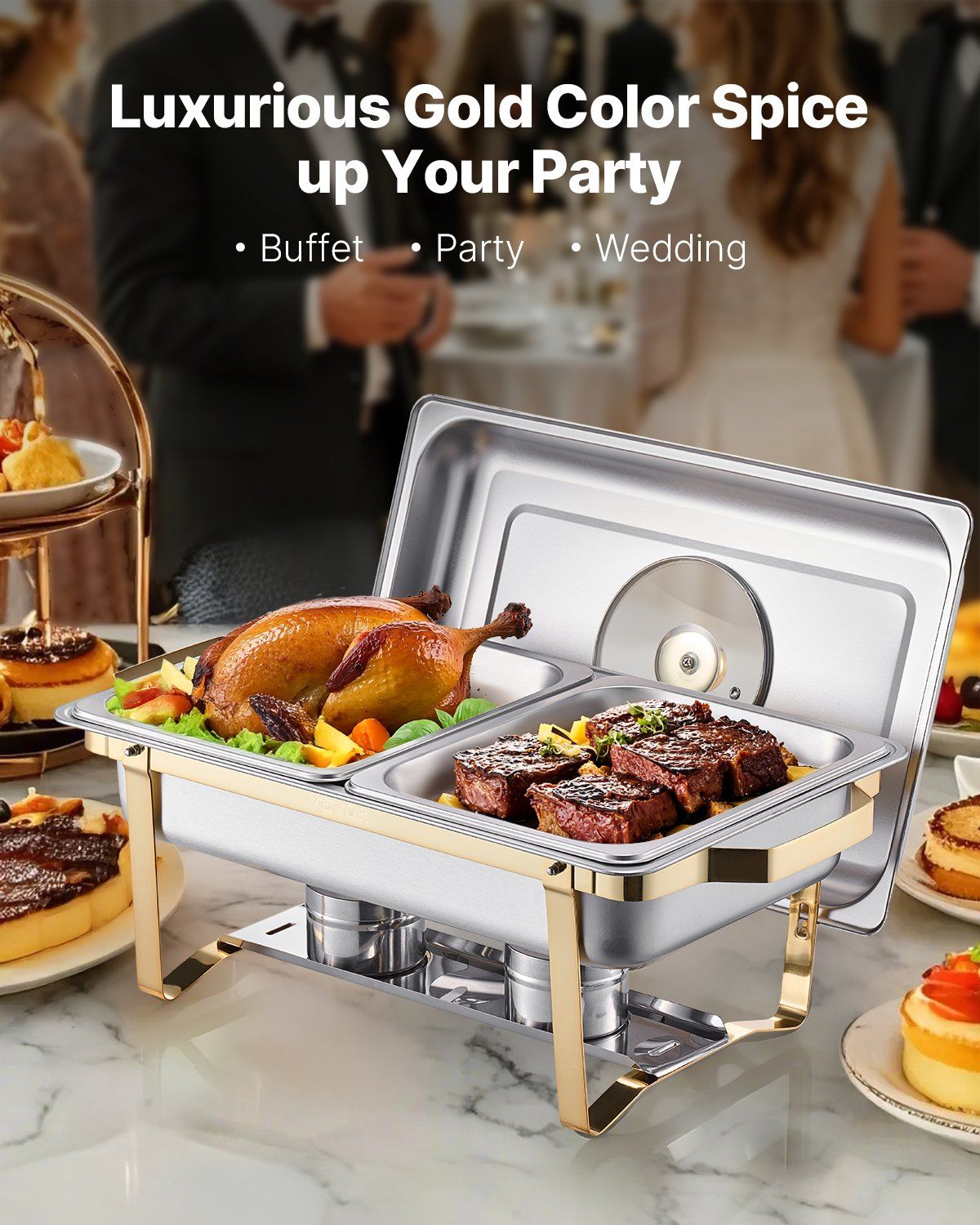 Chafing Dish Buffet Set, 4 Qt 2 Pack, Stainless Steel Chafer with 4 Half Size Pans, Rectangle Catering Warmer Server with Glass Lid Water Pan Folding Stand Fuel Holder, for Wedding Party Banquet - Image 2