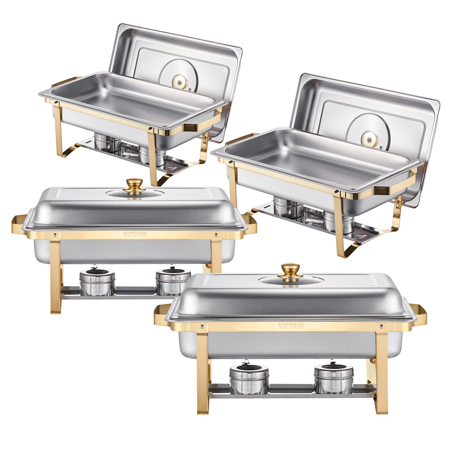 Chafing Dish Buffet Set, 8 Qt 4 Pack, Stainless Steel Chafer with 4 Full Size Pans, Rectangle Catering Warmer Server with Glass Lid Water Pan Folding Stand Fuel Holder, for Wedding Party Banquet - Image 1
