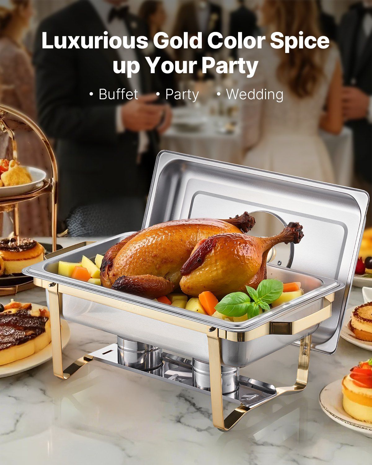 Chafing Dish Buffet Set, 8 Qt 4 Pack, Stainless Steel Chafer with 4 Full Size Pans, Rectangle Catering Warmer Server with Glass Lid Water Pan Folding Stand Fuel Holder, for Wedding Party Banquet - Image 2