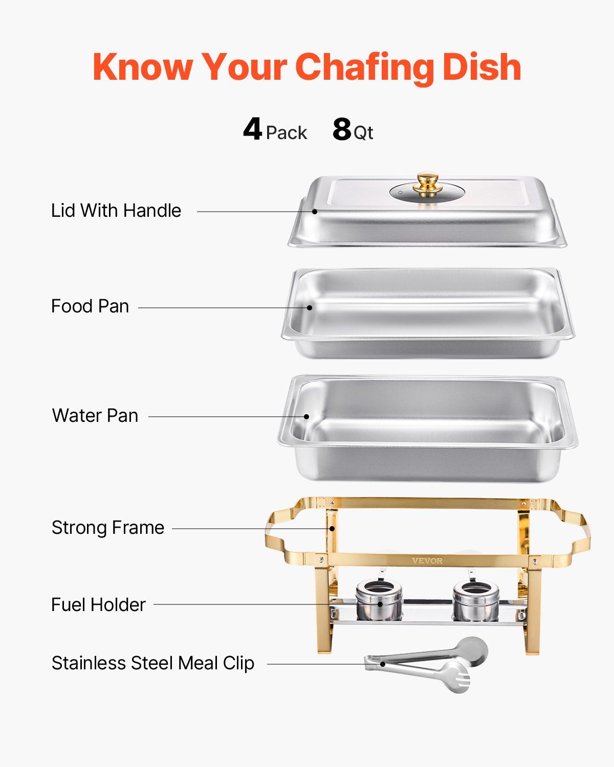 Chafing Dish Buffet Set, 8 Qt 4 Pack, Stainless Steel Chafer with 4 Full Size Pans, Rectangle Catering Warmer Server with Glass Lid Water Pan Folding Stand Fuel Holder, for Wedding Party Banquet - Image 5