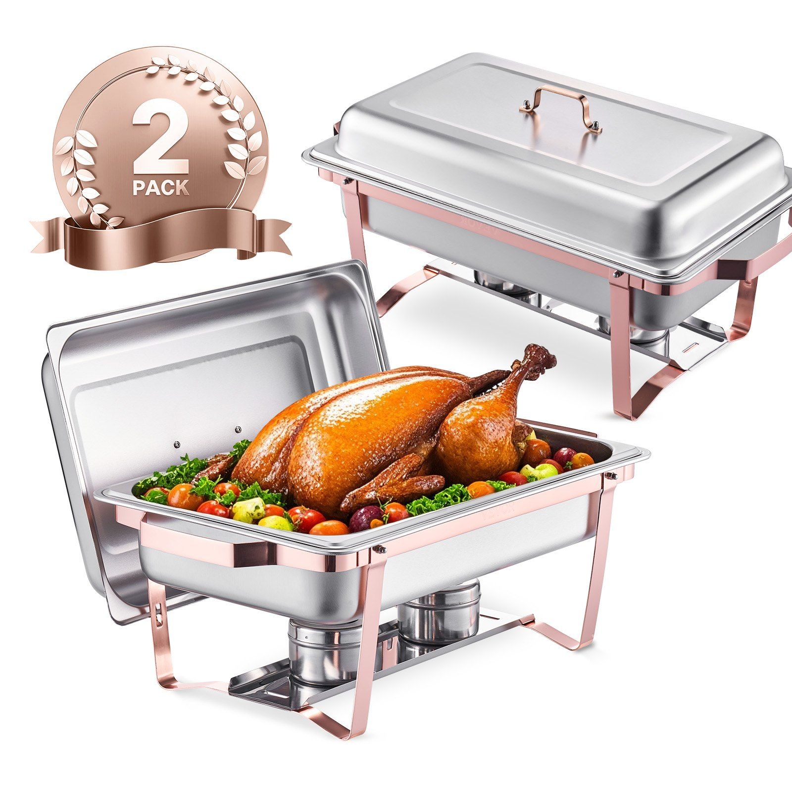 Chafing Dish Buffet Set, 8 Qt 2 Pack, Stainless Steel Chafer with 2 Full Size Pans, Rectangle Catering Warmer Server with Lid Water Pan Stand Fuel Holder, for Wedding Party Banquet, Rose Gold - Image 1