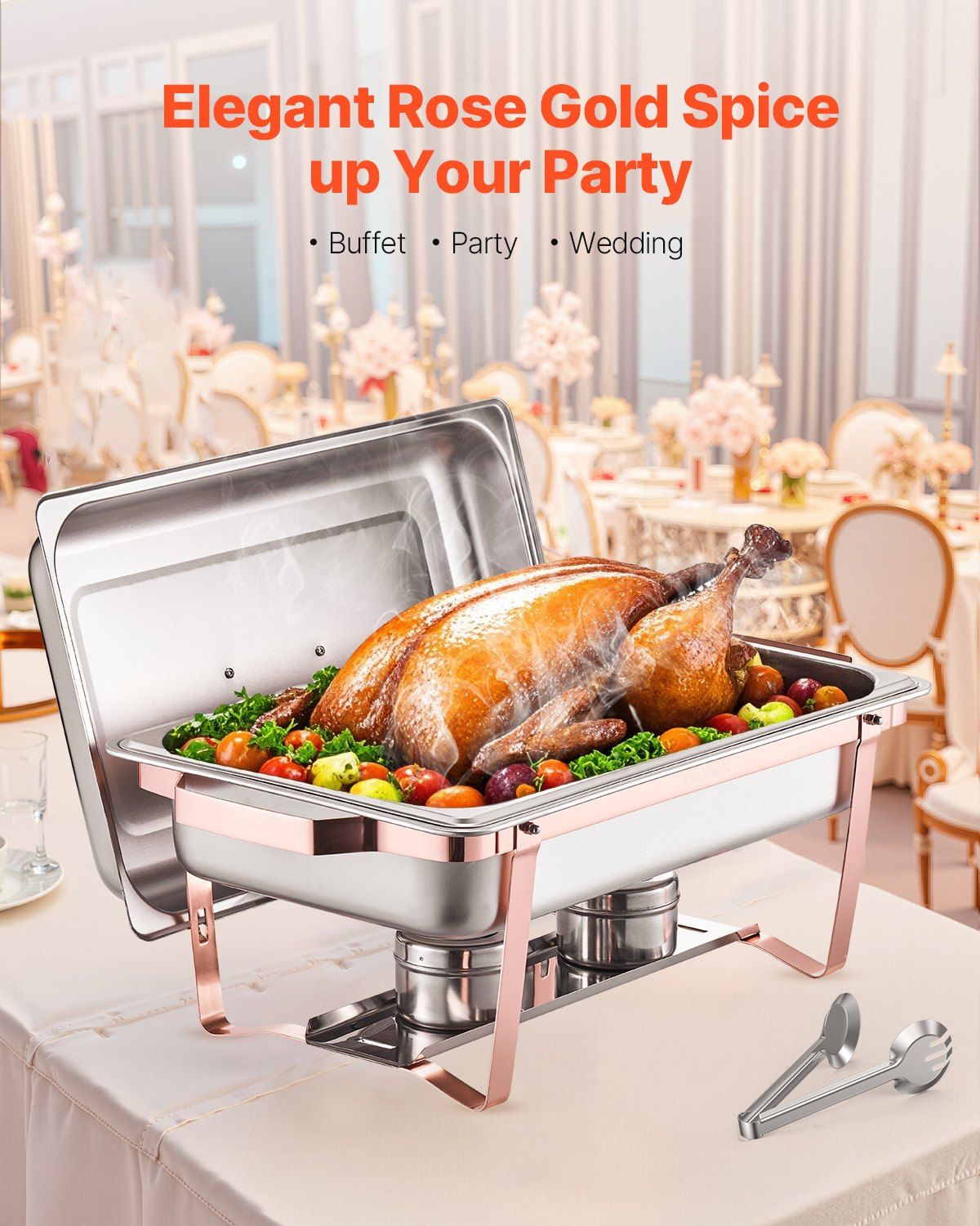 Chafing Dish Buffet Set, 8 Qt 2 Pack, Stainless Steel Chafer with 2 Full Size Pans, Rectangle Catering Warmer Server with Lid Water Pan Stand Fuel Holder, for Wedding Party Banquet, Rose Gold - Image 2