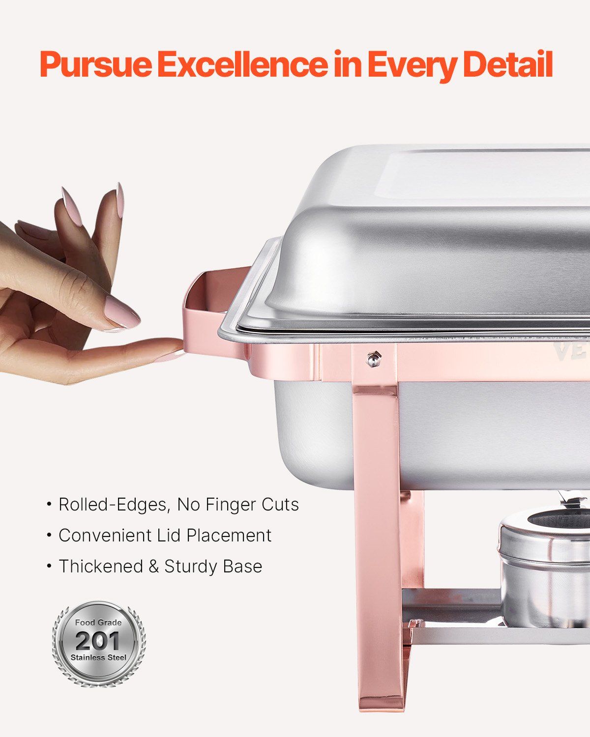 Chafing Dish Buffet Set, 8 Qt 2 Pack, Stainless Steel Chafer with 2 Full Size Pans, Rectangle Catering Warmer Server with Lid Water Pan Stand Fuel Holder, for Wedding Party Banquet, Rose Gold - Image 3