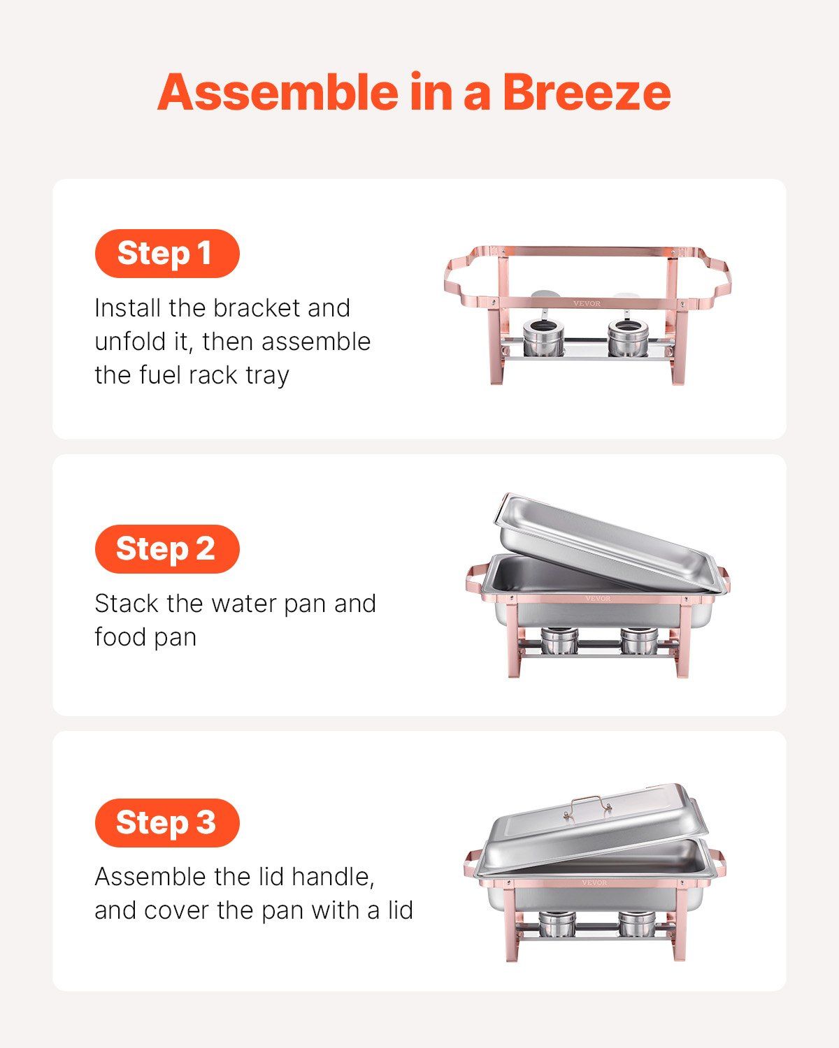 Chafing Dish Buffet Set, 8 Qt 2 Pack, Stainless Steel Chafer with 2 Full Size Pans, Rectangle Catering Warmer Server with Lid Water Pan Stand Fuel Holder, for Wedding Party Banquet, Rose Gold - Image 7