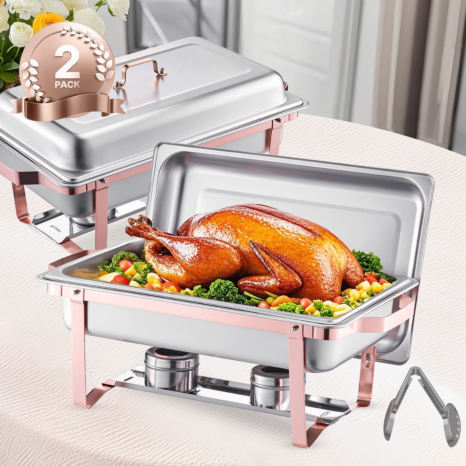Chafing Dish Buffet Set, 8 Qt 2 Pack, Stainless Steel Chafer with 2 Full Size Pans, Rectangle Catering Warmer Server with Lid Water Pan Stand Fuel Holder, for Wedding Party Banquet, Rose Gold - Image 8
