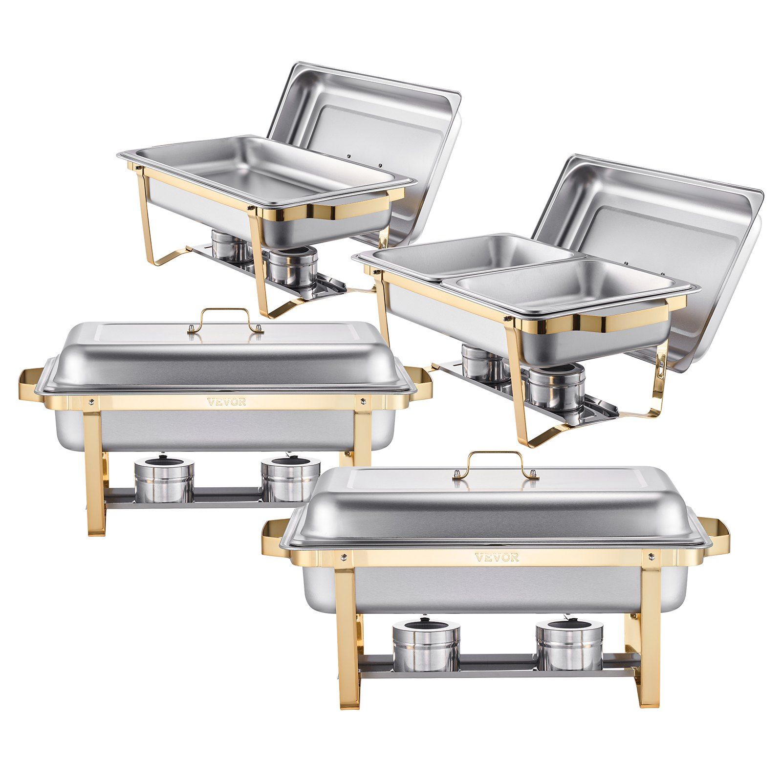 Chafing Dish Buffet Set, 8 Qt 4 Pack, Stainless Steel Chafer with 2 Full Size and 4 Half Size Pans, Rectangle Catering Warmer Server with Lid Water Pan Stand, for Weddings Parties Banquets, Gold - Image 1