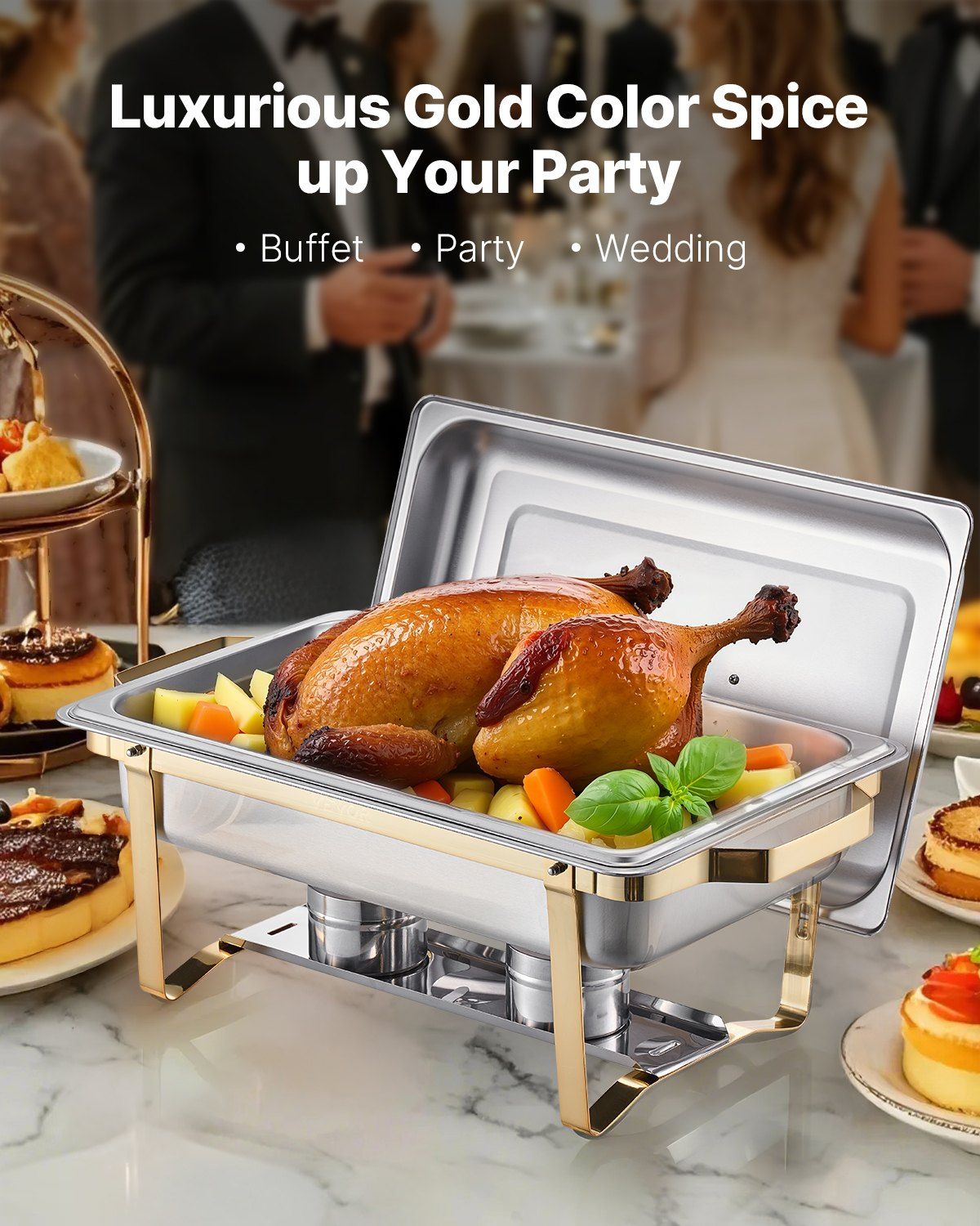 Chafing Dish Buffet Set, 8 Qt 4 Pack, Stainless Steel Chafer with 2 Full Size and 4 Half Size Pans, Rectangle Catering Warmer Server with Lid Water Pan Stand, for Weddings Parties Banquets, Gold - Image 2