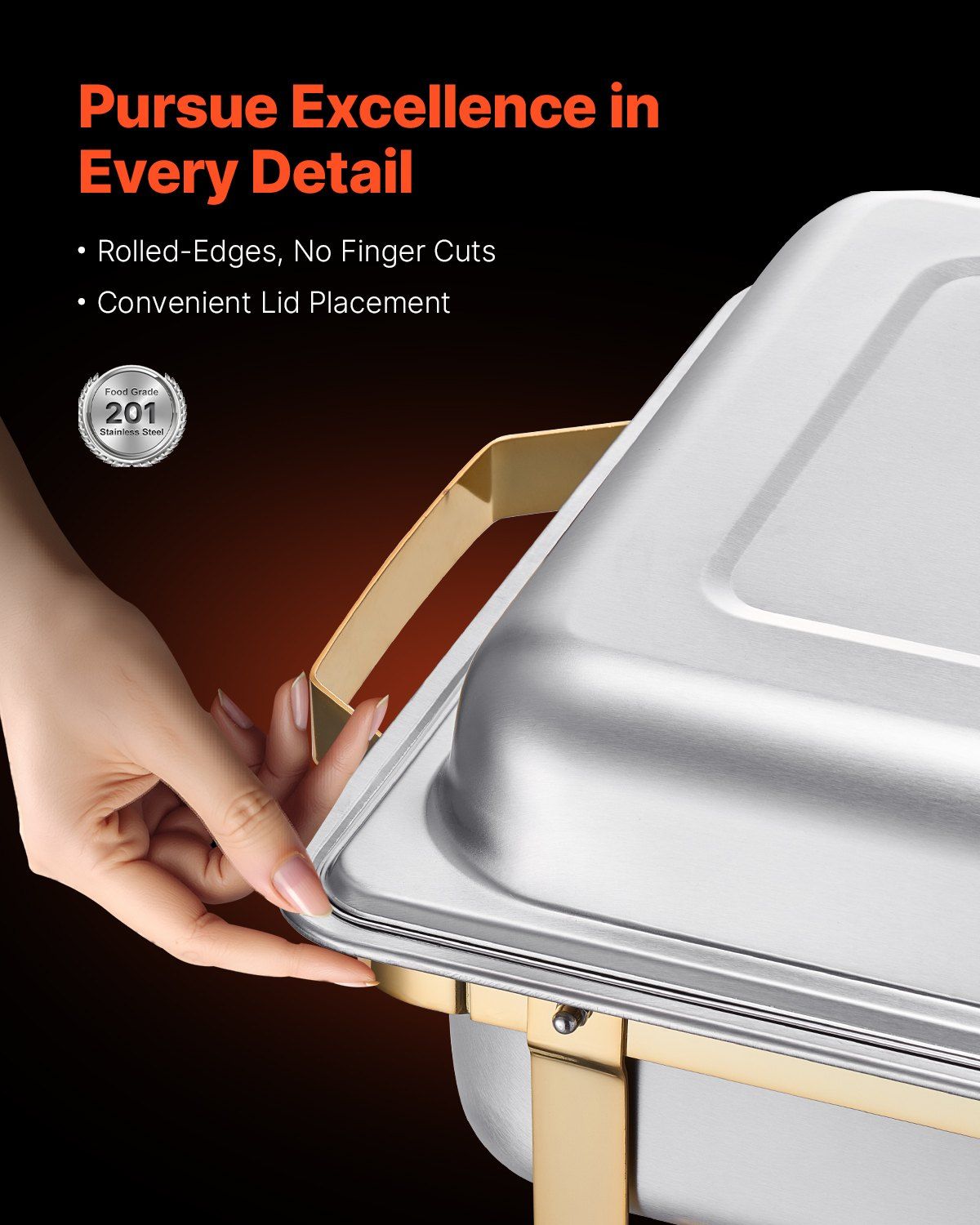 Chafing Dish Buffet Set, 8 Qt 4 Pack, Stainless Steel Chafer with 2 Full Size and 4 Half Size Pans, Rectangle Catering Warmer Server with Lid Water Pan Stand, for Weddings Parties Banquets, Gold - Image 3