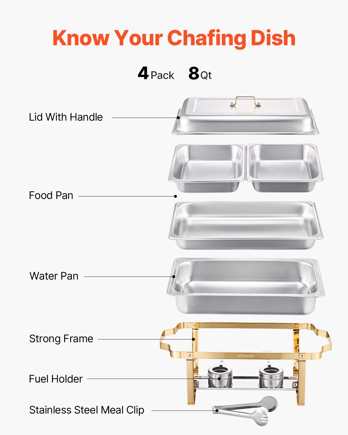 Chafing Dish Buffet Set, 8 Qt 4 Pack, Stainless Steel Chafer with 2 Full Size and 4 Half Size Pans, Rectangle Catering Warmer Server with Lid Water Pan Stand, for Weddings Parties Banquets, Gold - Image 5
