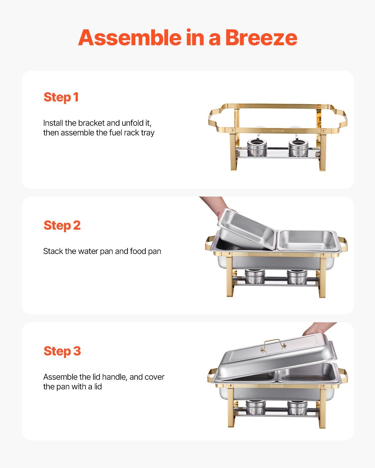 Chafing Dish Buffet Set, 8 Qt 4 Pack, Stainless Steel Chafer with 2 Full Size and 4 Half Size Pans, Rectangle Catering Warmer Server with Lid Water Pan Stand, for Weddings Parties Banquets, Gold - Image 7