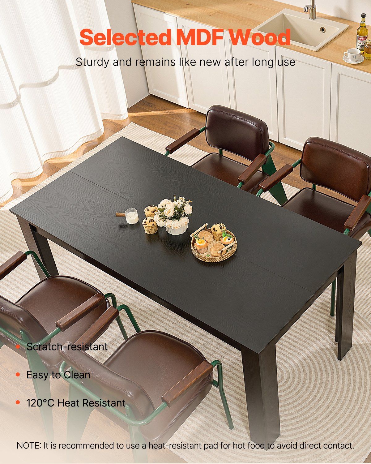 Rectangle Dining Table, 63 inch Length Large Wood Tables for 4-6 Person, Modern Dinner Furniture, Conference Desk Supporting for 330LBS, for Home Kitchen Living Room, Black(Only Table) - Image 2