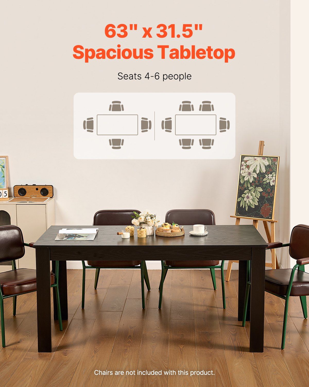 Rectangle Dining Table, 63 inch Length Large Wood Tables for 4-6 Person, Modern Dinner Furniture, Conference Desk Supporting for 330LBS, for Home Kitchen Living Room, Black(Only Table) - Image 4