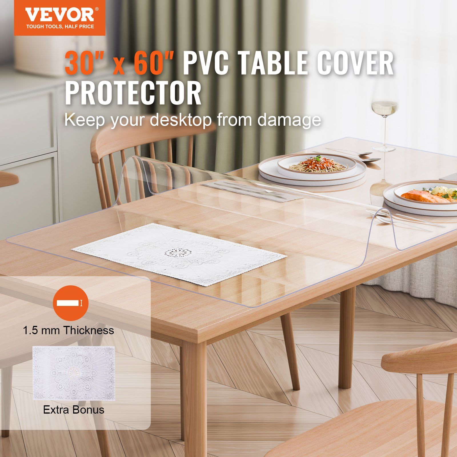 Plastic Table Cover, 30 x 60 Inch 1.5 mm Thick Clear Table Protector, Rectangle PVC Desk Mat, Waterproof & Easy Cleaning Desk Pad Tablecloth, for Office Dresser Dining Room Table Night Stand - Image 2