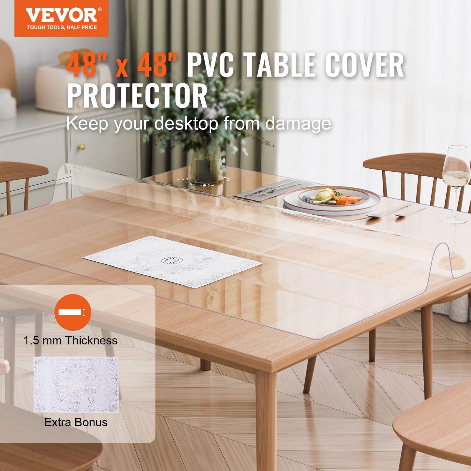 Plastic Table Cover, 48 x 48 Inch 1.5 mm Thick Clear Table Protector, Square PVC Desk Mat, Waterproof & Easy Cleaning Desk Pad Tablecloth, for Office Dresser Dining Room Table Night Stand - Image 2