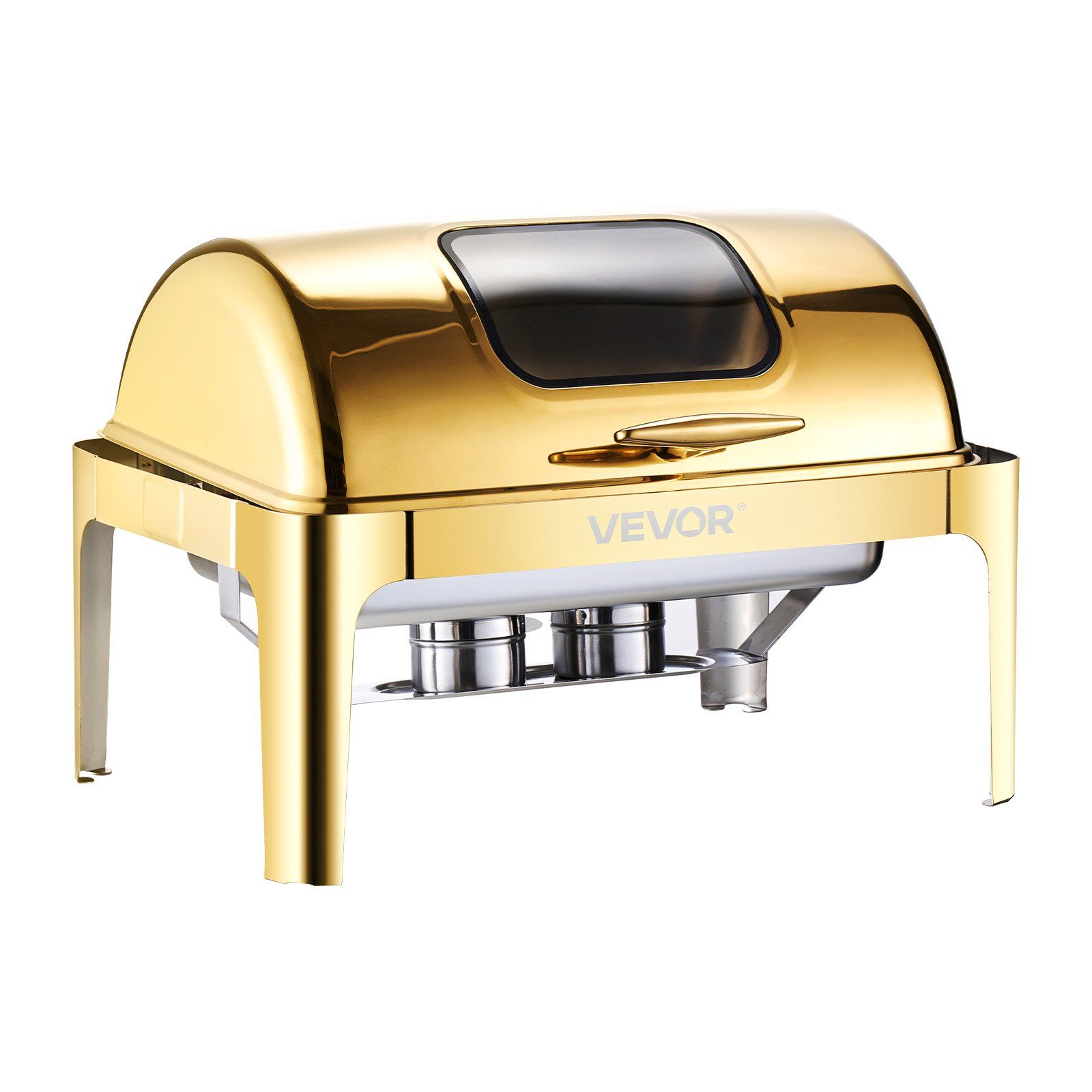 Roll Top Chafing Dish Buffet Complete Set, 9Qt Stainless Steel Chafer with Full Size Pan, Rectangle Catering Warmer Server with Visible Lid Water Pan Folding Stand Fuel Holder Meal Clip, Gold - Image 1