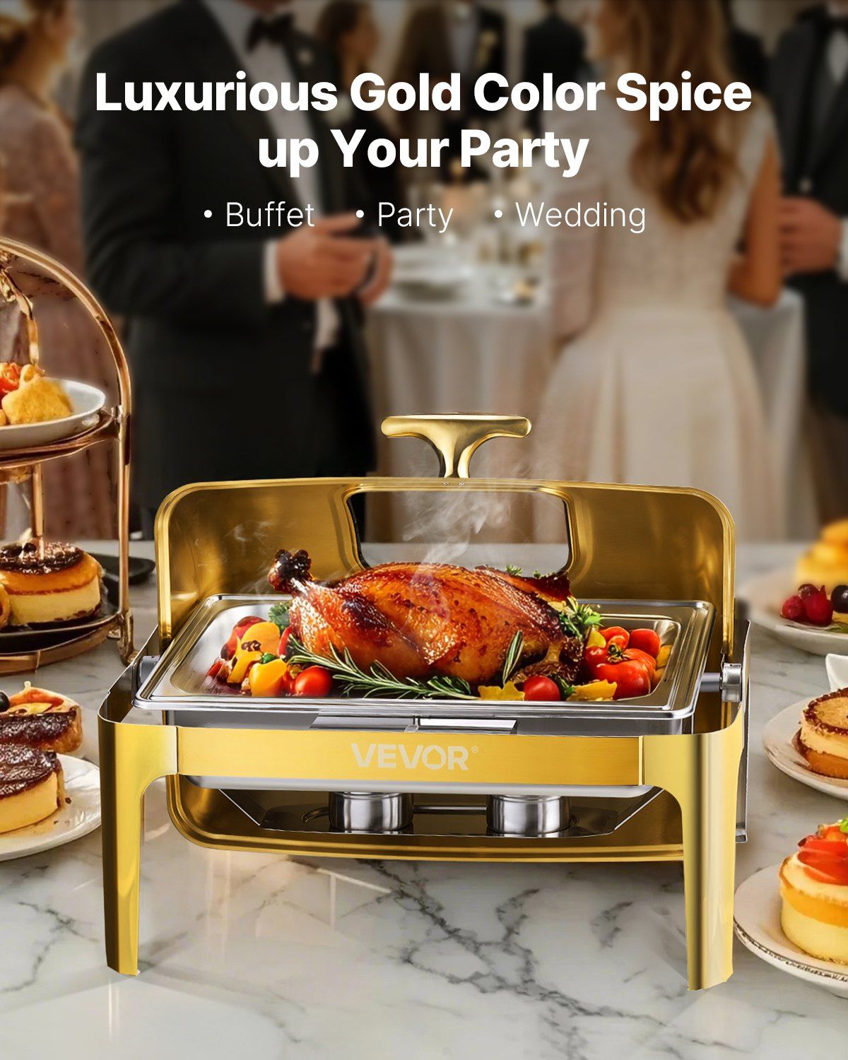 Roll Top Chafing Dish Buffet Complete Set, 9Qt Stainless Steel Chafer with Full Size Pan, Rectangle Catering Warmer Server with Visible Lid Water Pan Folding Stand Fuel Holder Meal Clip, Gold - Image 2