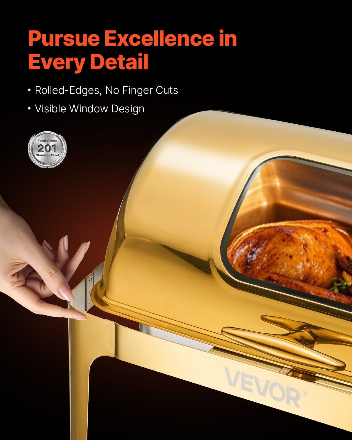 Roll Top Chafing Dish Buffet Complete Set, 9Qt Stainless Steel Chafer with Full Size Pan, Rectangle Catering Warmer Server with Visible Lid Water Pan Folding Stand Fuel Holder Meal Clip, Gold - Image 3