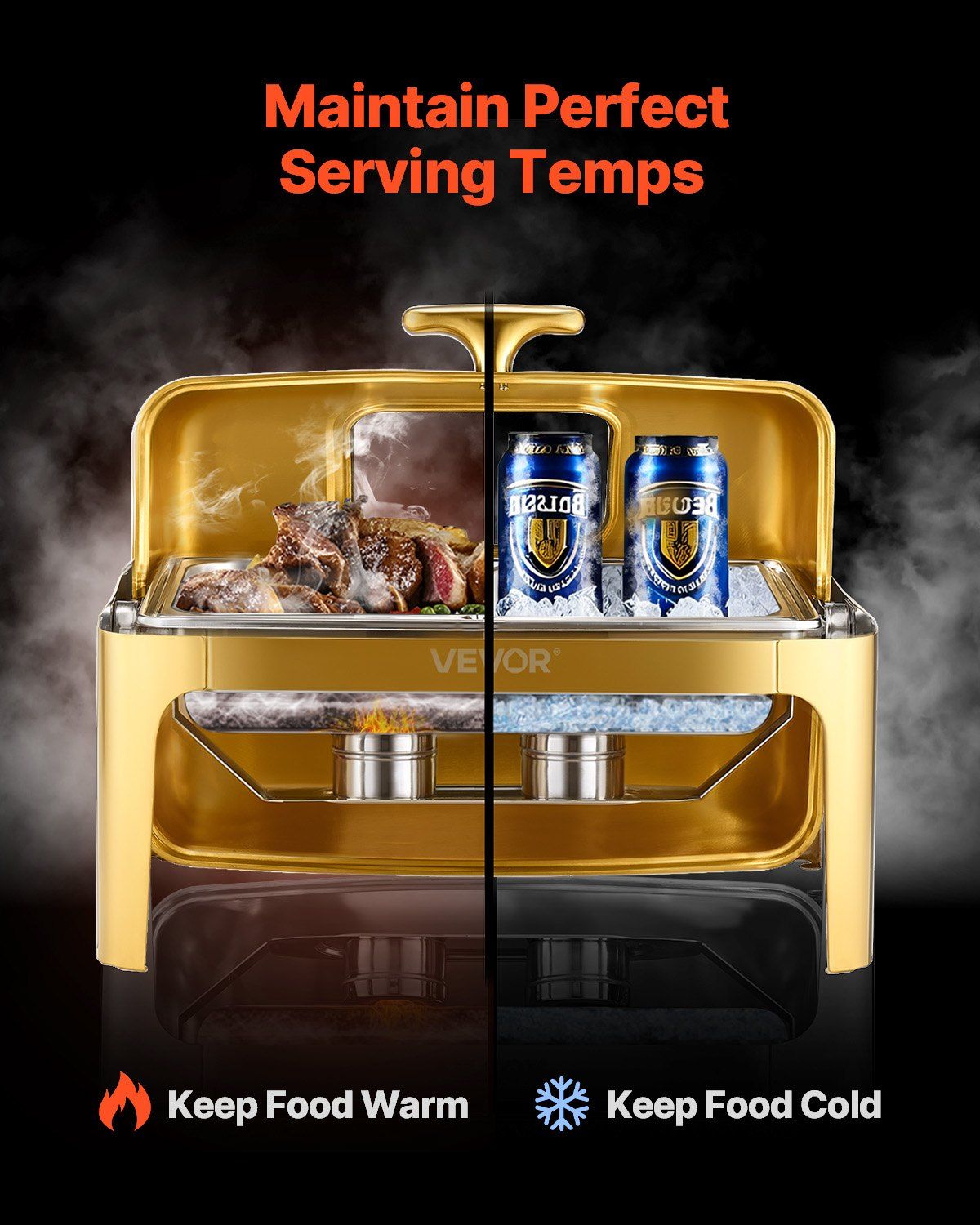 Roll Top Chafing Dish Buffet Complete Set, 9Qt Stainless Steel Chafer with Full Size Pan, Rectangle Catering Warmer Server with Visible Lid Water Pan Folding Stand Fuel Holder Meal Clip, Gold - Image 4
