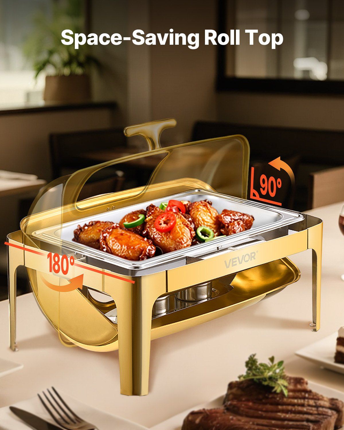 Roll Top Chafing Dish Buffet Complete Set, 9Qt Stainless Steel Chafer with Full Size Pan, Rectangle Catering Warmer Server with Visible Lid Water Pan Folding Stand Fuel Holder Meal Clip, Gold - Image 5