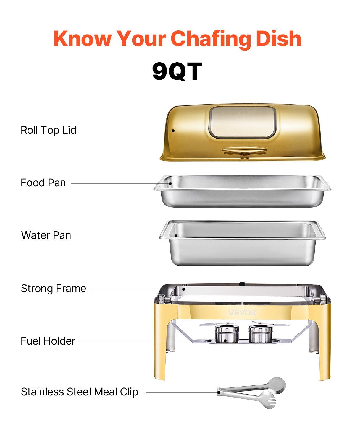 Roll Top Chafing Dish Buffet Complete Set, 9Qt Stainless Steel Chafer with Full Size Pan, Rectangle Catering Warmer Server with Visible Lid Water Pan Folding Stand Fuel Holder Meal Clip, Gold - Image 6