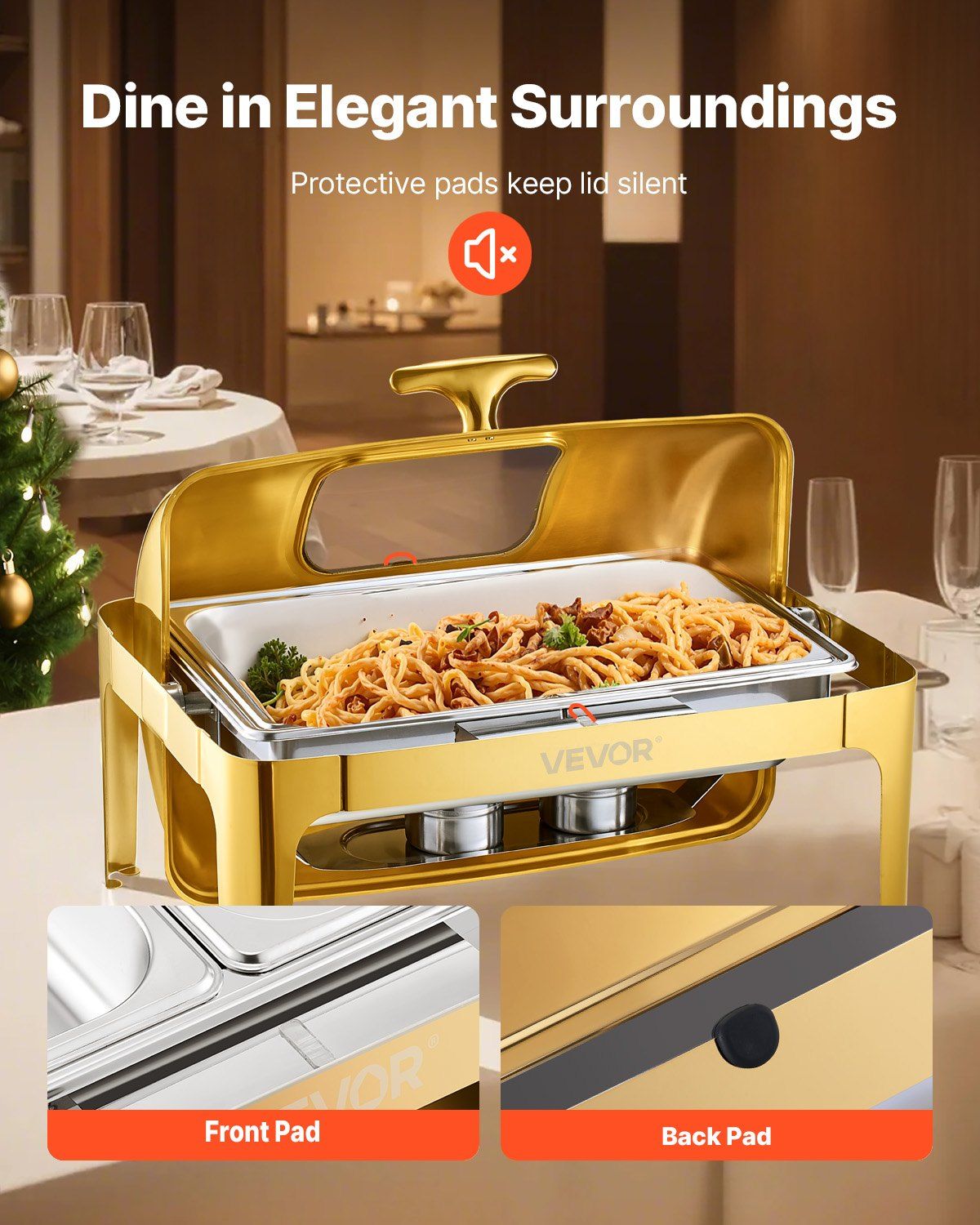 Roll Top Chafing Dish Buffet Complete Set, 9Qt Stainless Steel Chafer with Full Size Pan, Rectangle Catering Warmer Server with Visible Lid Water Pan Folding Stand Fuel Holder Meal Clip, Gold - Image 7