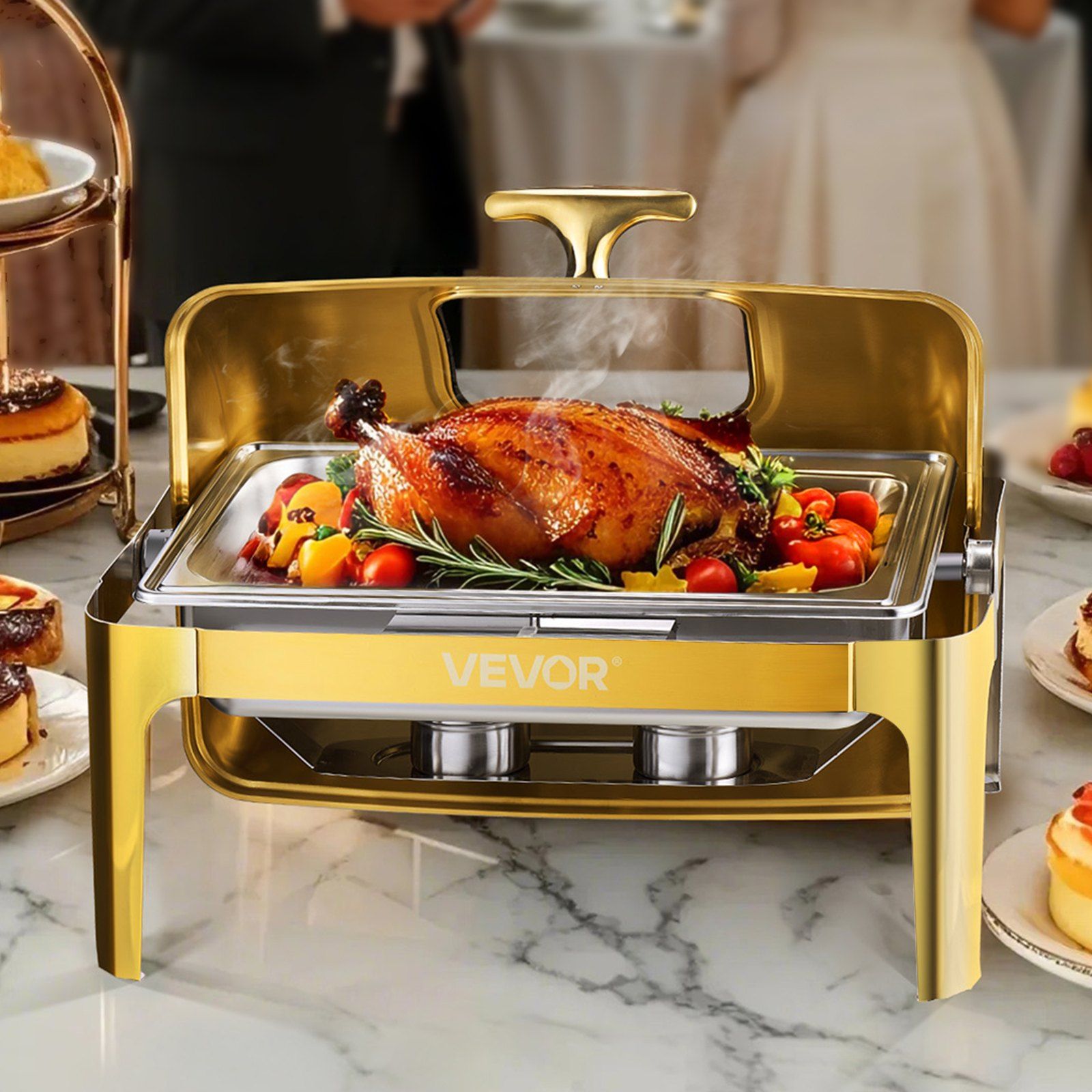 Roll Top Chafing Dish Buffet Complete Set, 9Qt Stainless Steel Chafer with Full Size Pan, Rectangle Catering Warmer Server with Visible Lid Water Pan Folding Stand Fuel Holder Meal Clip, Gold - Image 8