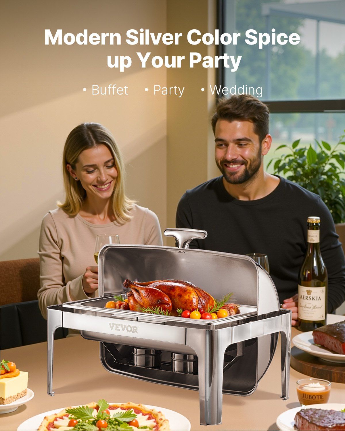 Roll Top Chafing Dish Buffet Complete Set, 9Qt Stainless Steel Chafer with Full Size Pan, Rectangle Catering Warmer Server with Lid Water Pan Folding Stand Fuel Holder Meal Clip, Silver - Image 2