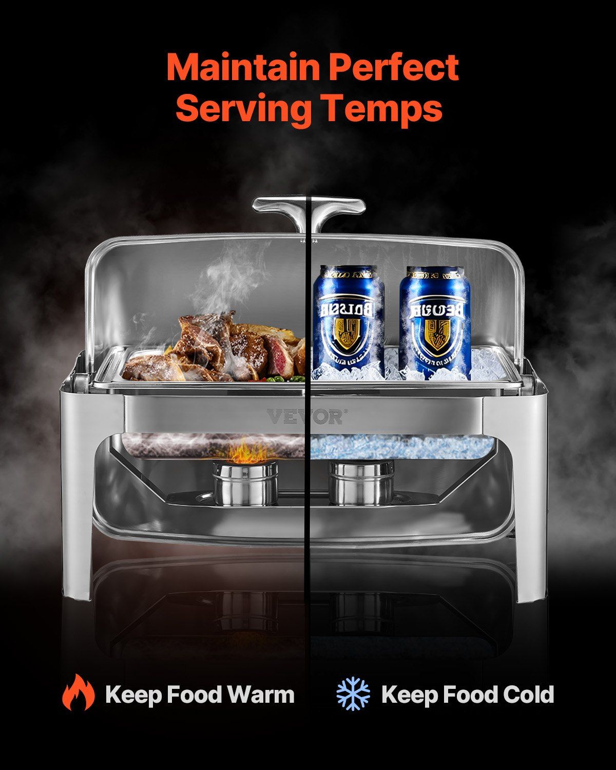 Roll Top Chafing Dish Buffet Complete Set, 9Qt Stainless Steel Chafer with Full Size Pan, Rectangle Catering Warmer Server with Lid Water Pan Folding Stand Fuel Holder Meal Clip, Silver - Image 4
