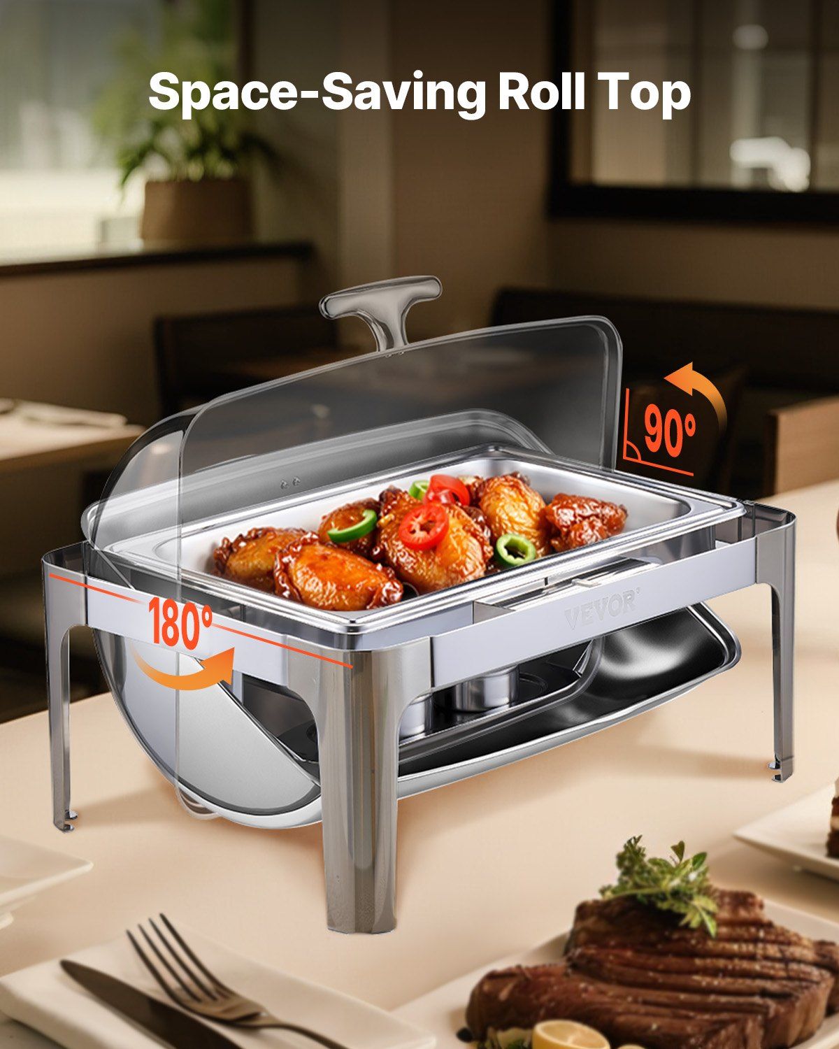 Roll Top Chafing Dish Buffet Complete Set, 9Qt Stainless Steel Chafer with Full Size Pan, Rectangle Catering Warmer Server with Lid Water Pan Folding Stand Fuel Holder Meal Clip, Silver - Image 5