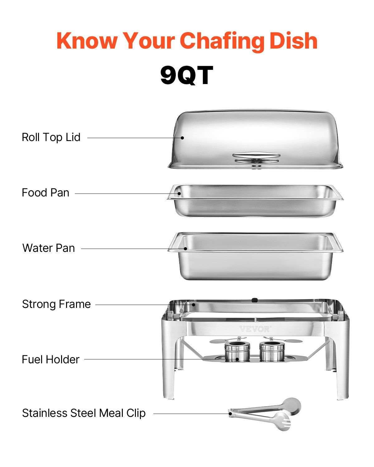 Roll Top Chafing Dish Buffet Complete Set, 9Qt Stainless Steel Chafer with Full Size Pan, Rectangle Catering Warmer Server with Lid Water Pan Folding Stand Fuel Holder Meal Clip, Silver - Image 6