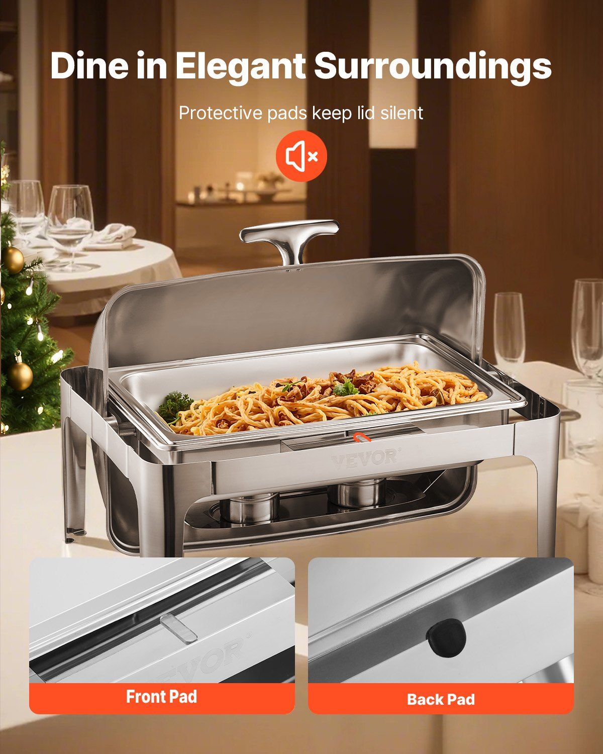 Roll Top Chafing Dish Buffet Complete Set, 9Qt Stainless Steel Chafer with Full Size Pan, Rectangle Catering Warmer Server with Lid Water Pan Folding Stand Fuel Holder Meal Clip, Silver - Image 7