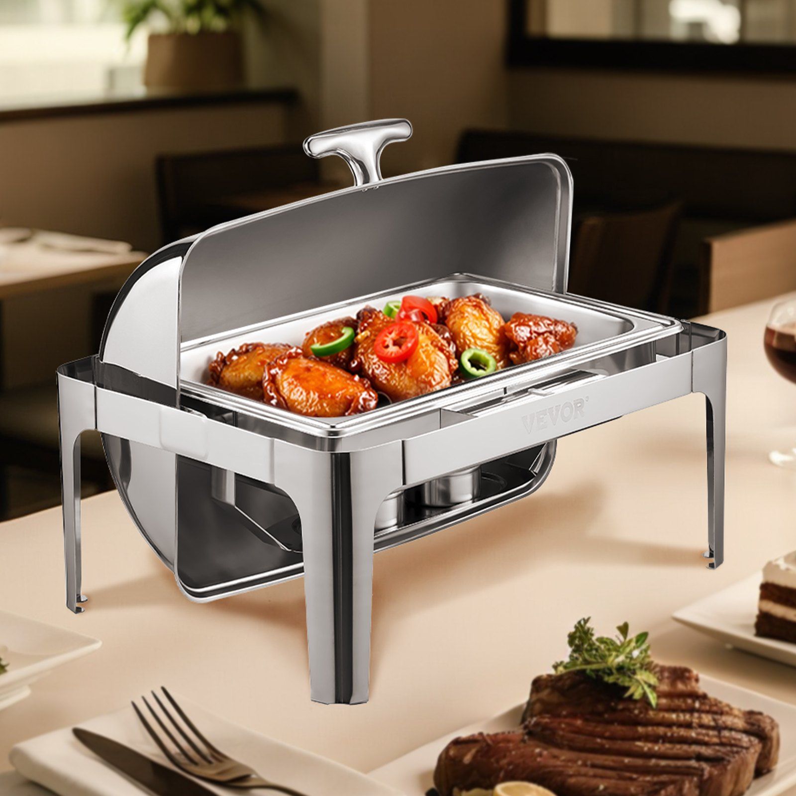 Roll Top Chafing Dish Buffet Complete Set, 9Qt Stainless Steel Chafer with Full Size Pan, Rectangle Catering Warmer Server with Lid Water Pan Folding Stand Fuel Holder Meal Clip, Silver - Image 8