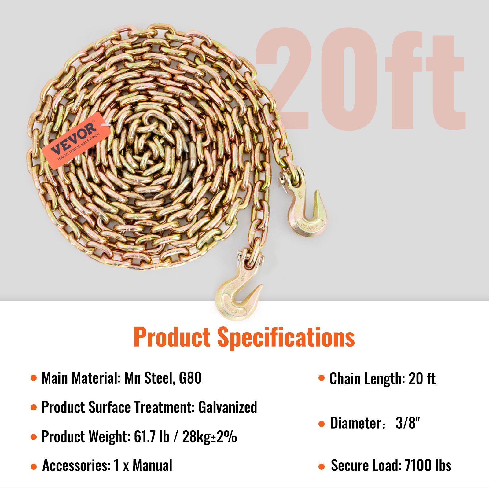 Transport Binder Chain, 3220 kg Working Load Limit, 3/8''x20' G80 Tow Chain Tie Down with Grab Hooks, DOT Certified, Galvanized Coating Manganese Steel for Dock Factory Construction Site, 2 Pack - Image 7