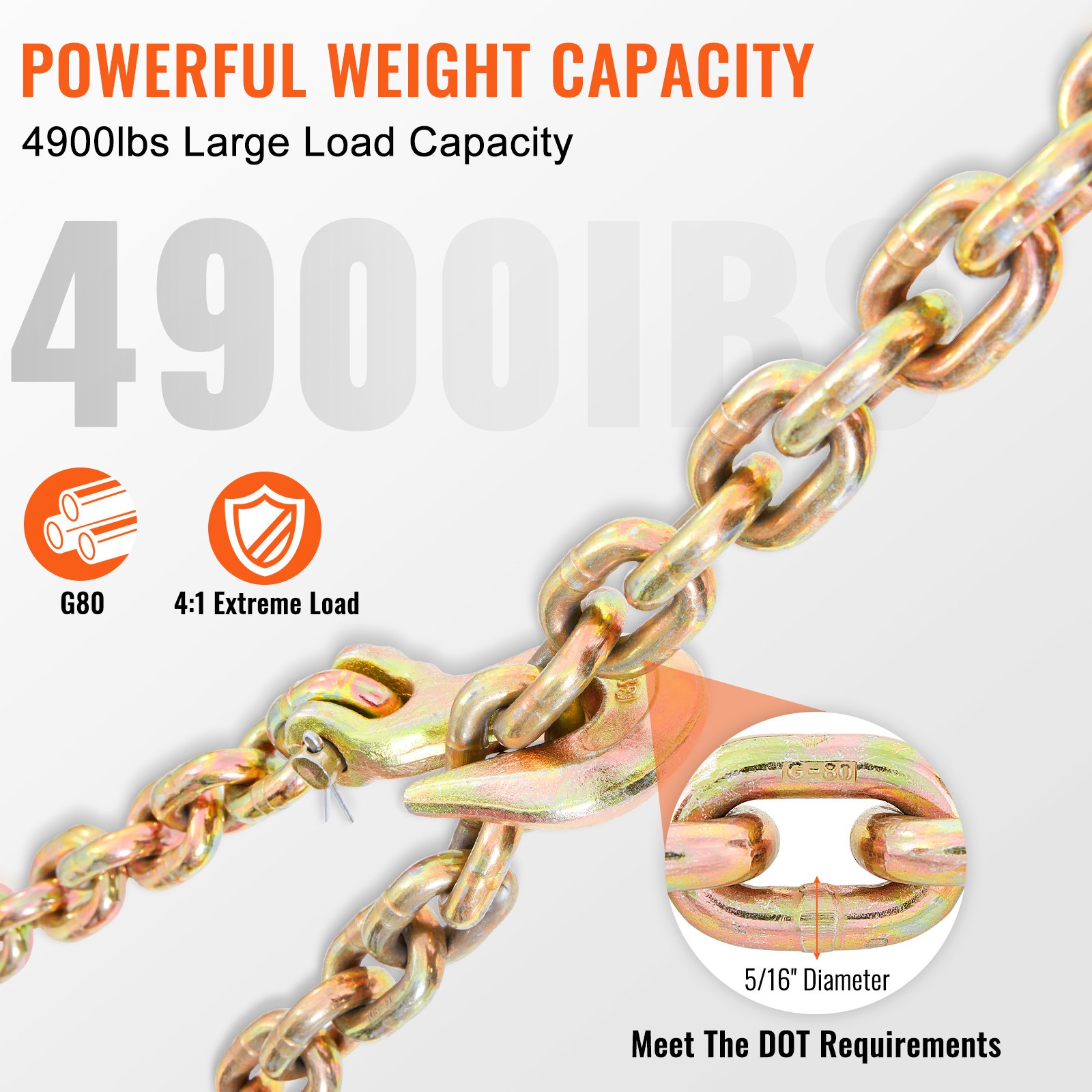 Transport Binder Chain, 2222 kg Working Load Limit, G80 Tow Chain Tie Down with Grab Hooks, DOT Certified, Galvanized Coating Manganese Steel for Dock Factory Construction Site - Image 3