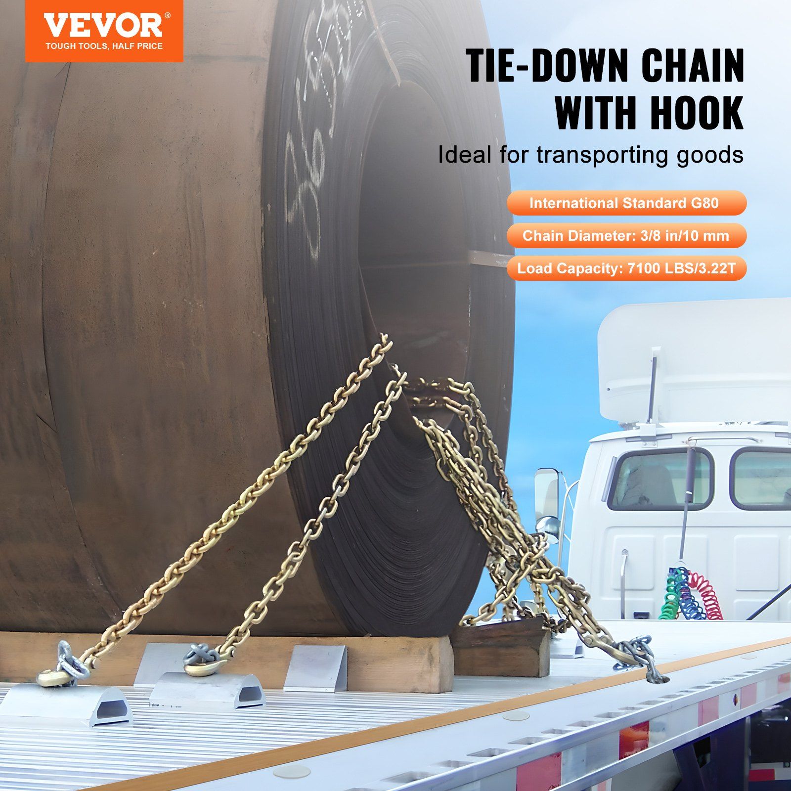 G80 Transport Binder Chain, 10 mm x 316 cm 2-Pack Tow Chain with Clevis Grab Hooks, 3.22T Safe Working Load, Heavy Duty Logging Chain for Transporting Towing Truck Tie Down Binding Equipment - Image 2