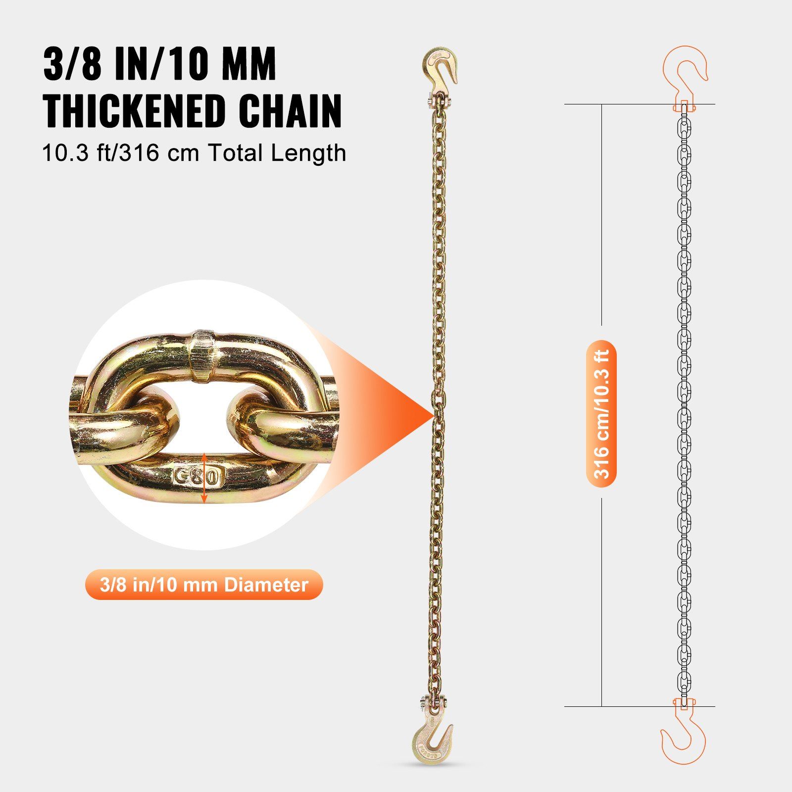 G80 Transport Binder Chain, 10 mm x 316 cm 2-Pack Tow Chain with Clevis Grab Hooks, 3.22T Safe Working Load, Heavy Duty Logging Chain for Transporting Towing Truck Tie Down Binding Equipment - Image 4