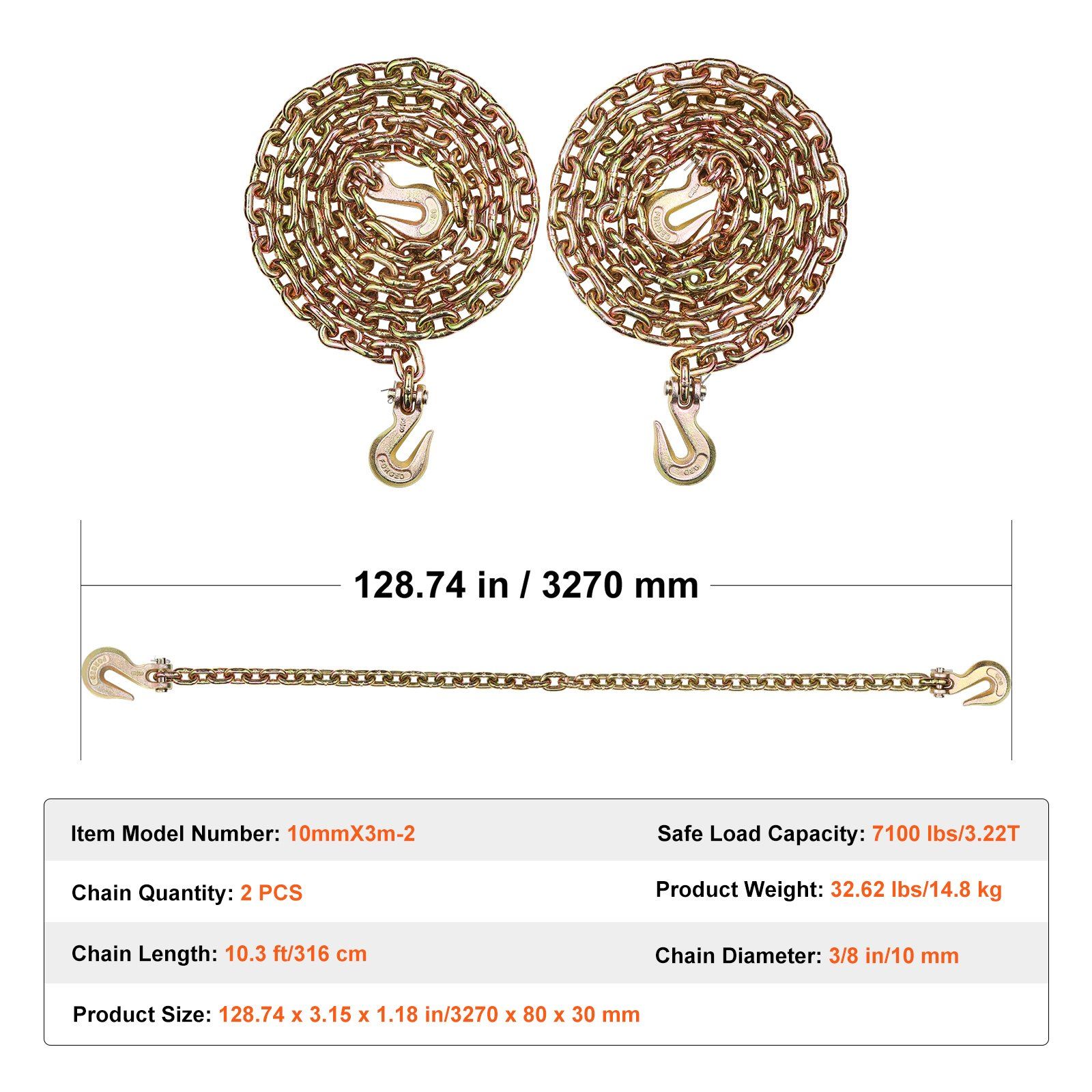 G80 Transport Binder Chain, 10 mm x 316 cm 2-Pack Tow Chain with Clevis Grab Hooks, 3.22T Safe Working Load, Heavy Duty Logging Chain for Transporting Towing Truck Tie Down Binding Equipment - Image 7