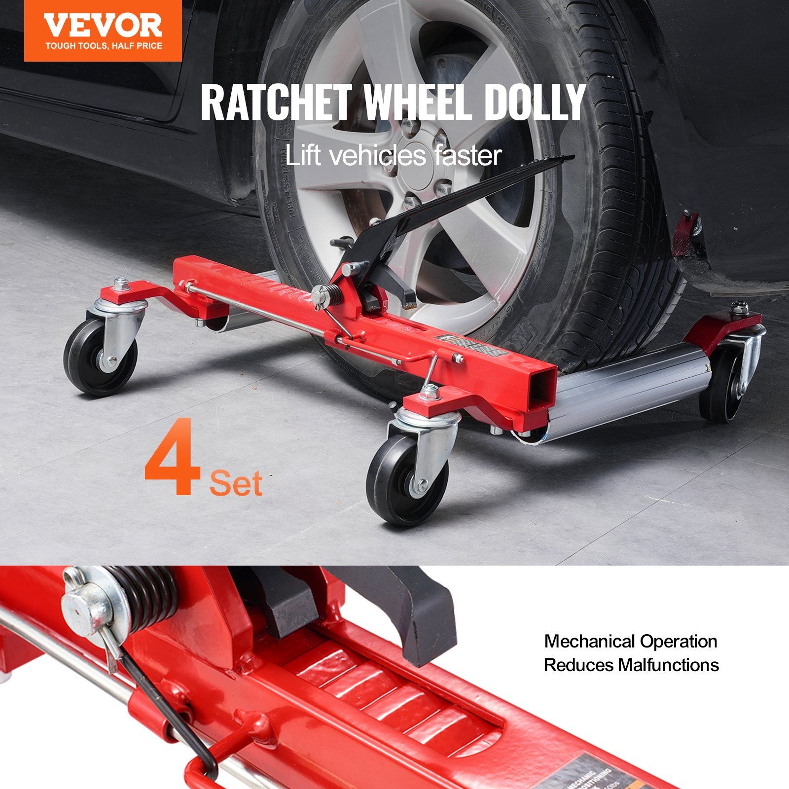 Wheel Dolly, Max Capacity 1500 Lbs Car Dolly, Car Jack Dolly Lifter with 360° Rotatable Wheels, Heavy Duty Vehicle Positioning Ratchet Tire Jack, for Vehicle Car Auto Repair Moving, Set of 4 - Image 2