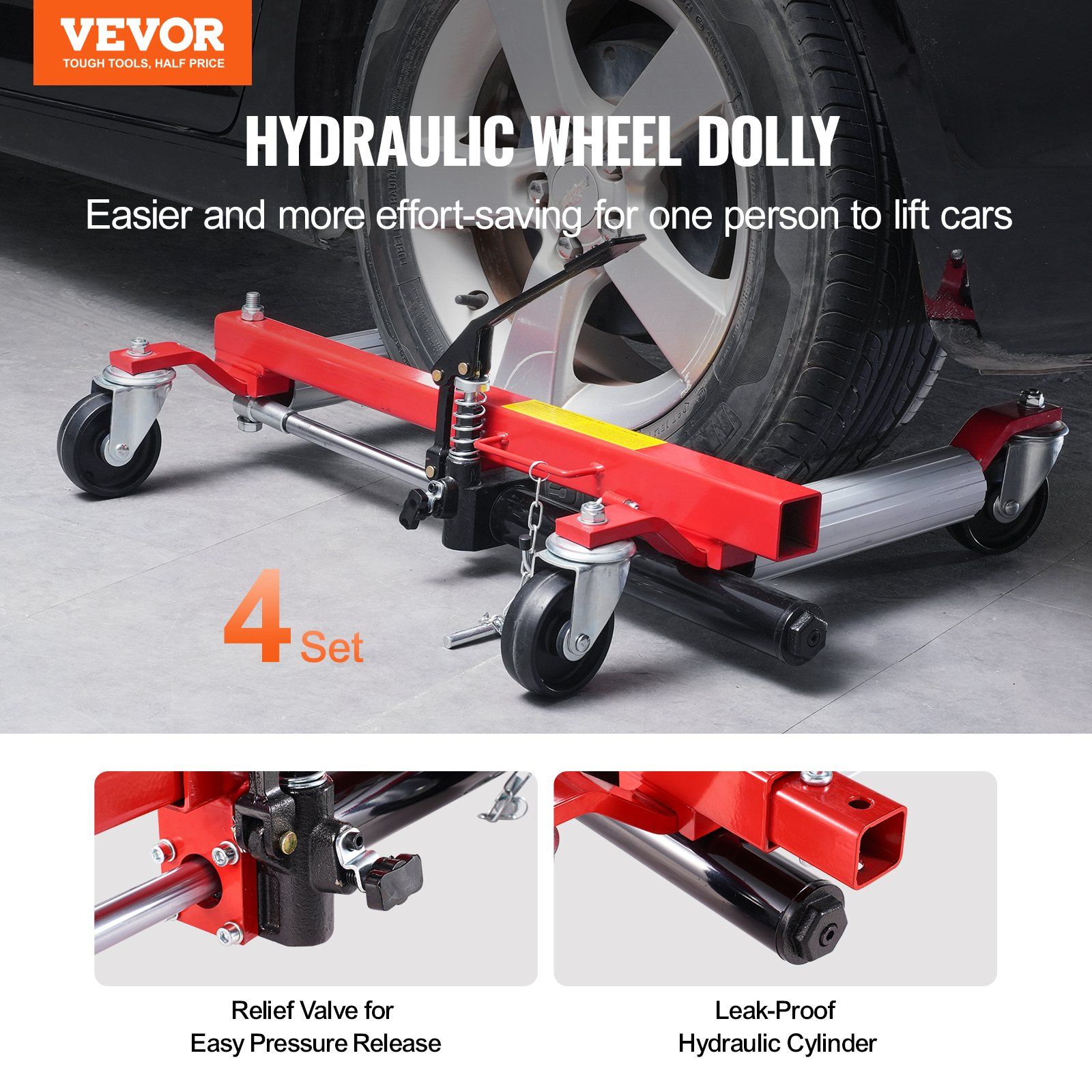 Wheel Dolly, Max Capacity 1500 Lbs Car Dolly, Car Jack Dolly Lifter with 360° Rotatable Wheels, Heavy Duty Vehicle Positioning Hydraulic Tire Jack, for Vehicle Car Auto Repair Moving, Set of 4 - Image 2