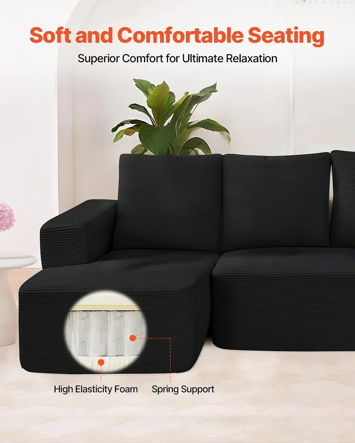 Modular Sectional Sofa, L Shaped Modular Sofa with Chaise, Cloud Sectional Couch with High Rebound Sponge and Density, Upholstered Corduroy Couch with Cushion for Living Room, Bedroom, Black - Image 2