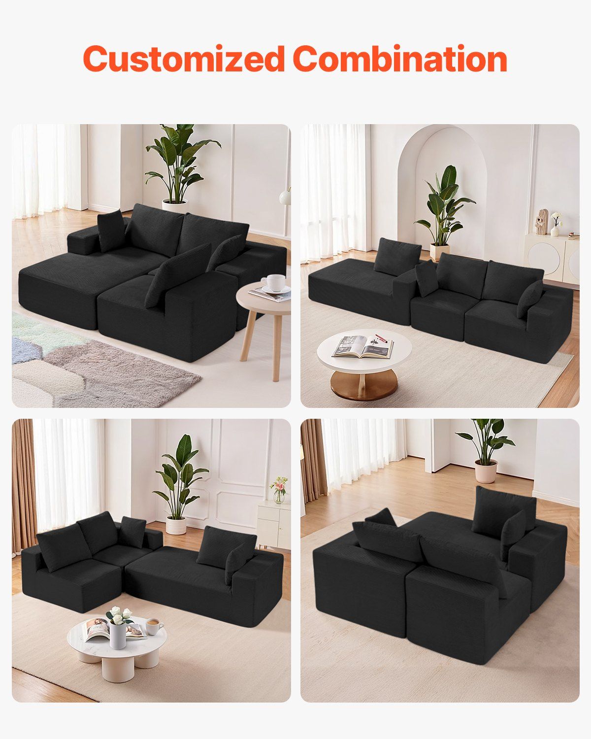 Modular Sectional Sofa, L Shaped Modular Sofa with Chaise, Cloud Sectional Couch with High Rebound Sponge and Density, Upholstered Corduroy Couch with Cushion for Living Room, Bedroom, Black - Image 3